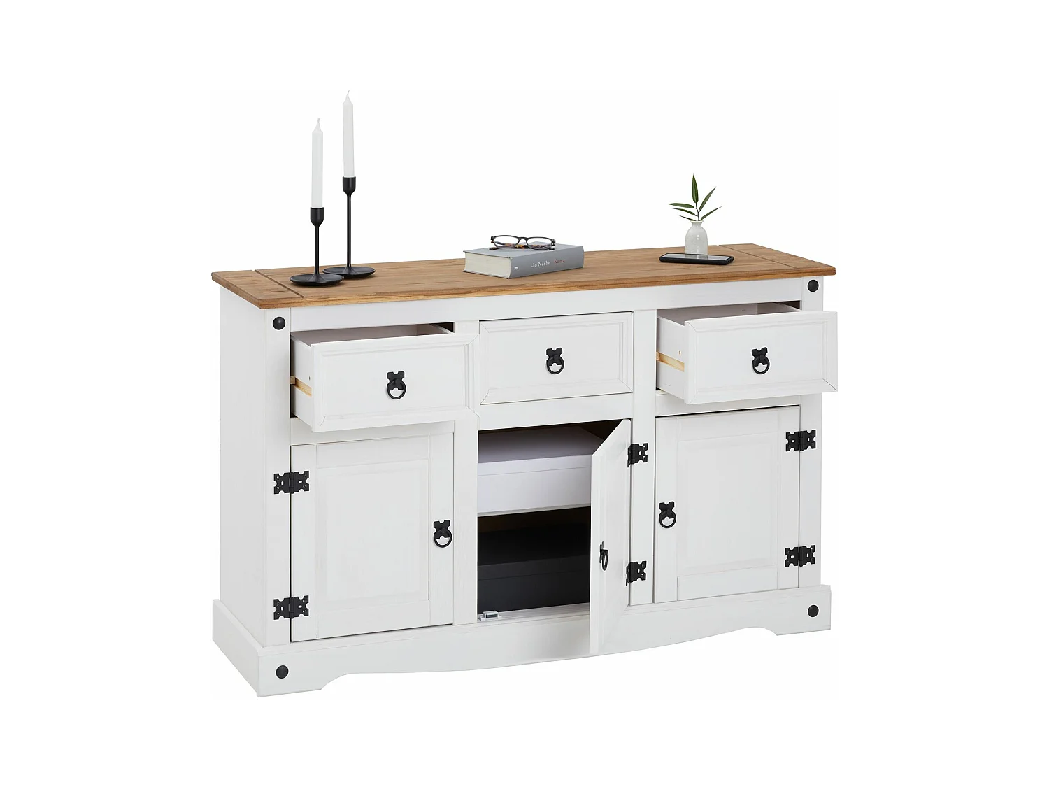 Buffet salle à manger CAMPO en bois massif L 125 cm avec 3 portes battantes et 3 tiroirs spacieux, blanc et brun