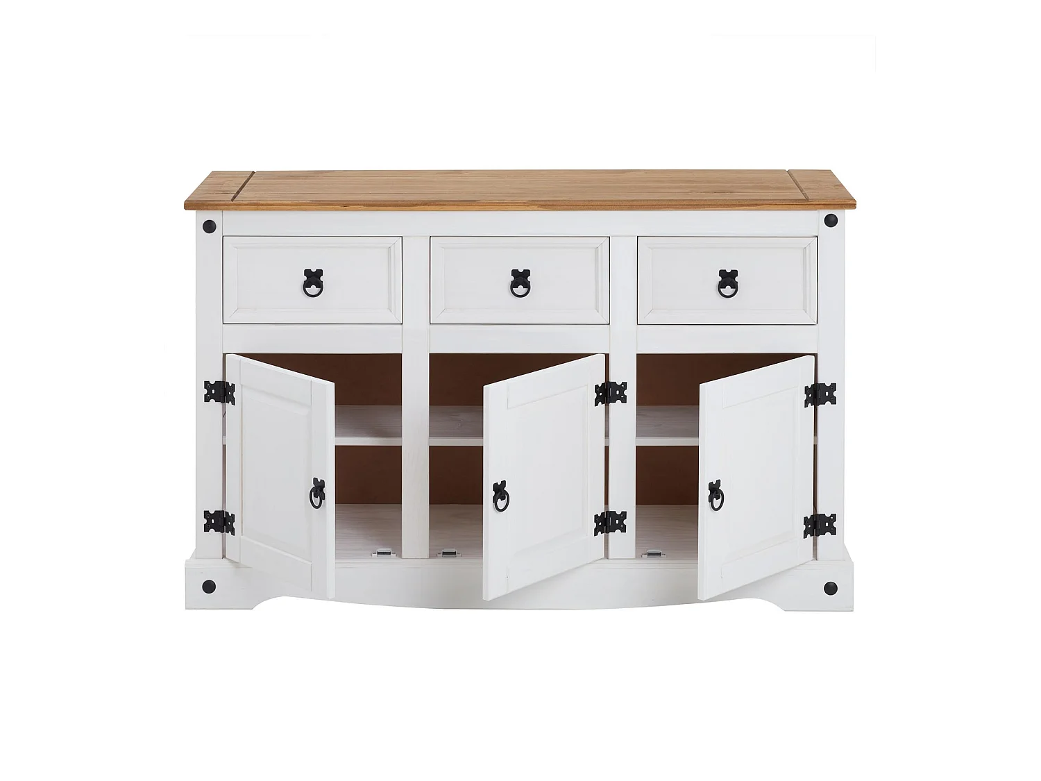 Buffet salle à manger CAMPO en bois massif L 125 cm avec 3 portes battantes et 3 tiroirs spacieux, blanc et brun