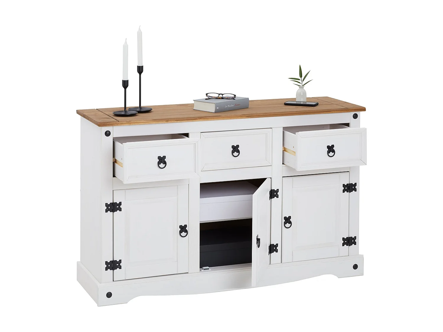 Buffet salle à manger CAMPO en bois massif L 125 cm avec 3 portes battantes et 3 tiroirs spacieux, blanc et brun