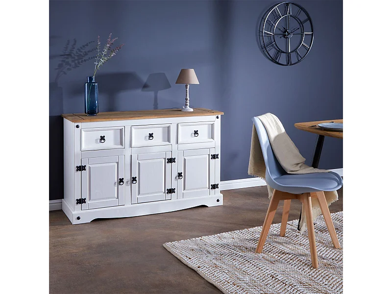 Buffet salle à manger CAMPO en bois massif L 125 cm avec 3 portes battantes et 3 tiroirs spacieux, blanc et brun