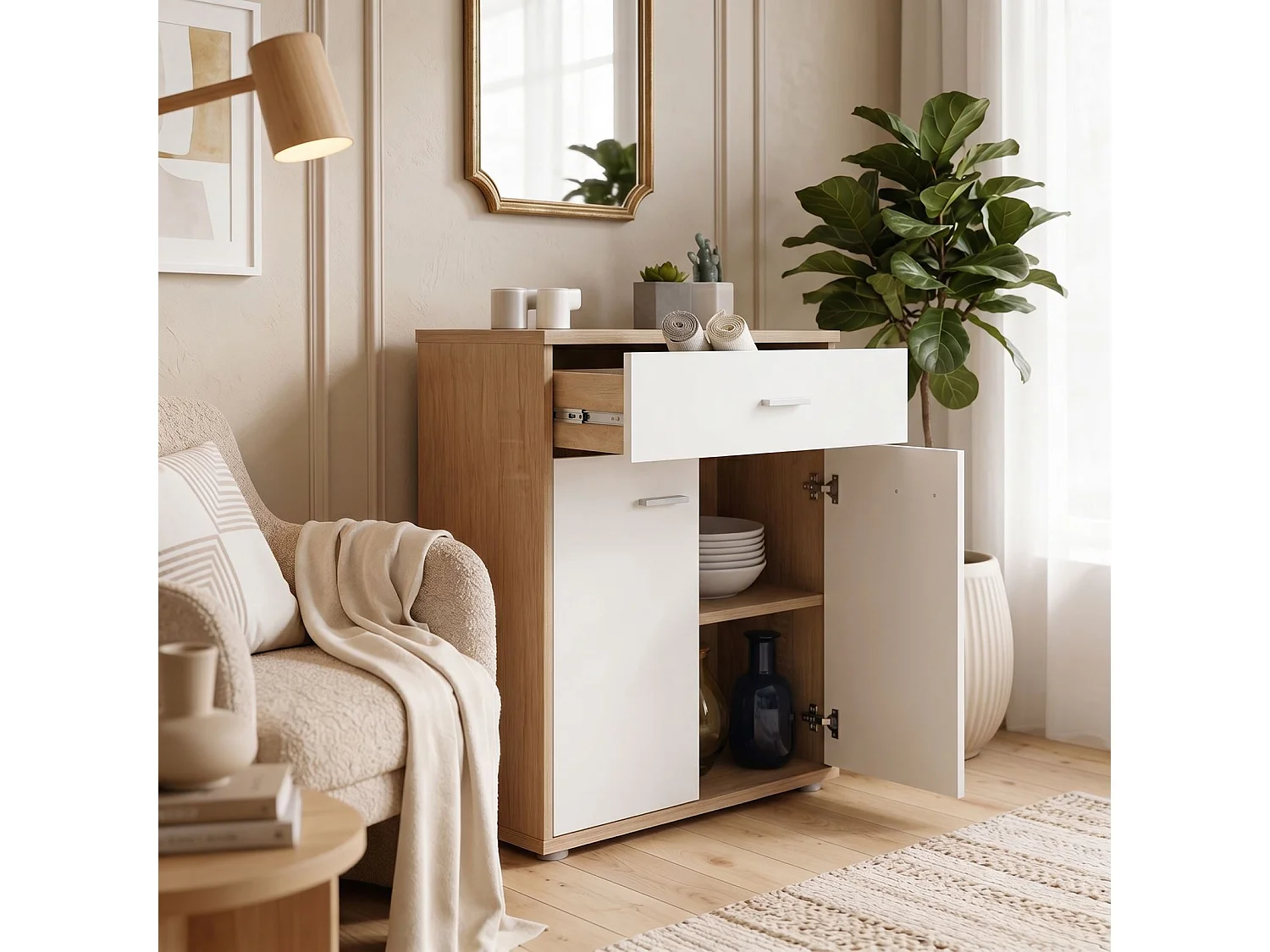 Buffet salle à manger MONACO L 60 cm coloris chêne sonoma et blanc avec 1 tirroir et 2 portes