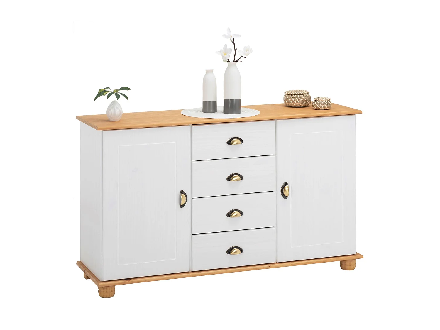 Buffet salle à manger COLMAR en bois massif L 133 cm avec 2 portes battantes et 4 tiroirs spacieux, blanc et brun