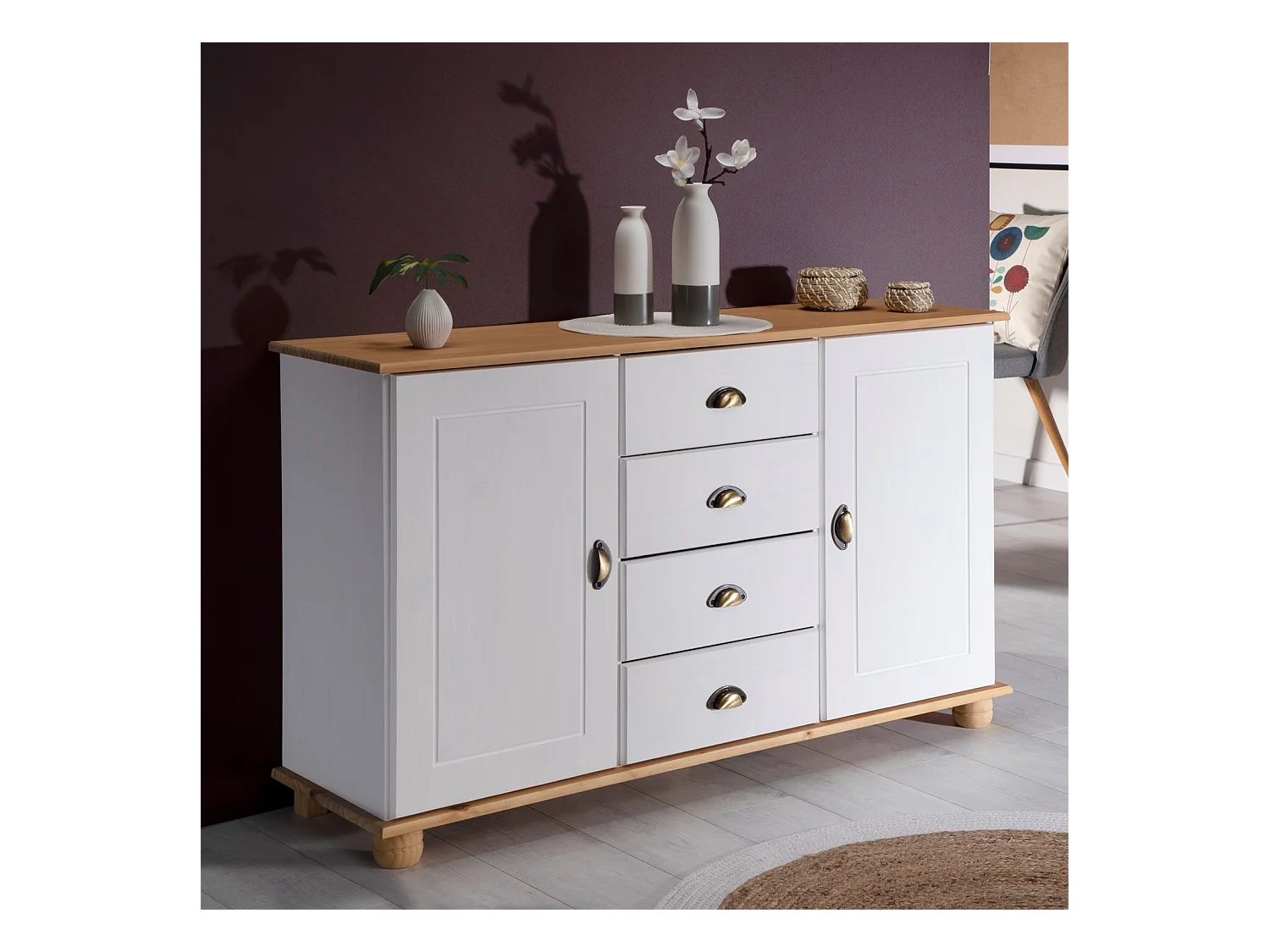 Buffet salle à manger COLMAR en bois massif L 133 cm avec 2 portes battantes et 4 tiroirs spacieux, blanc et brun