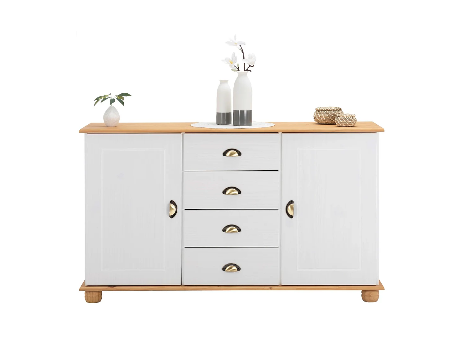 Buffet salle à manger COLMAR en bois massif L 133 cm avec 2 portes battantes et 4 tiroirs spacieux, blanc et brun