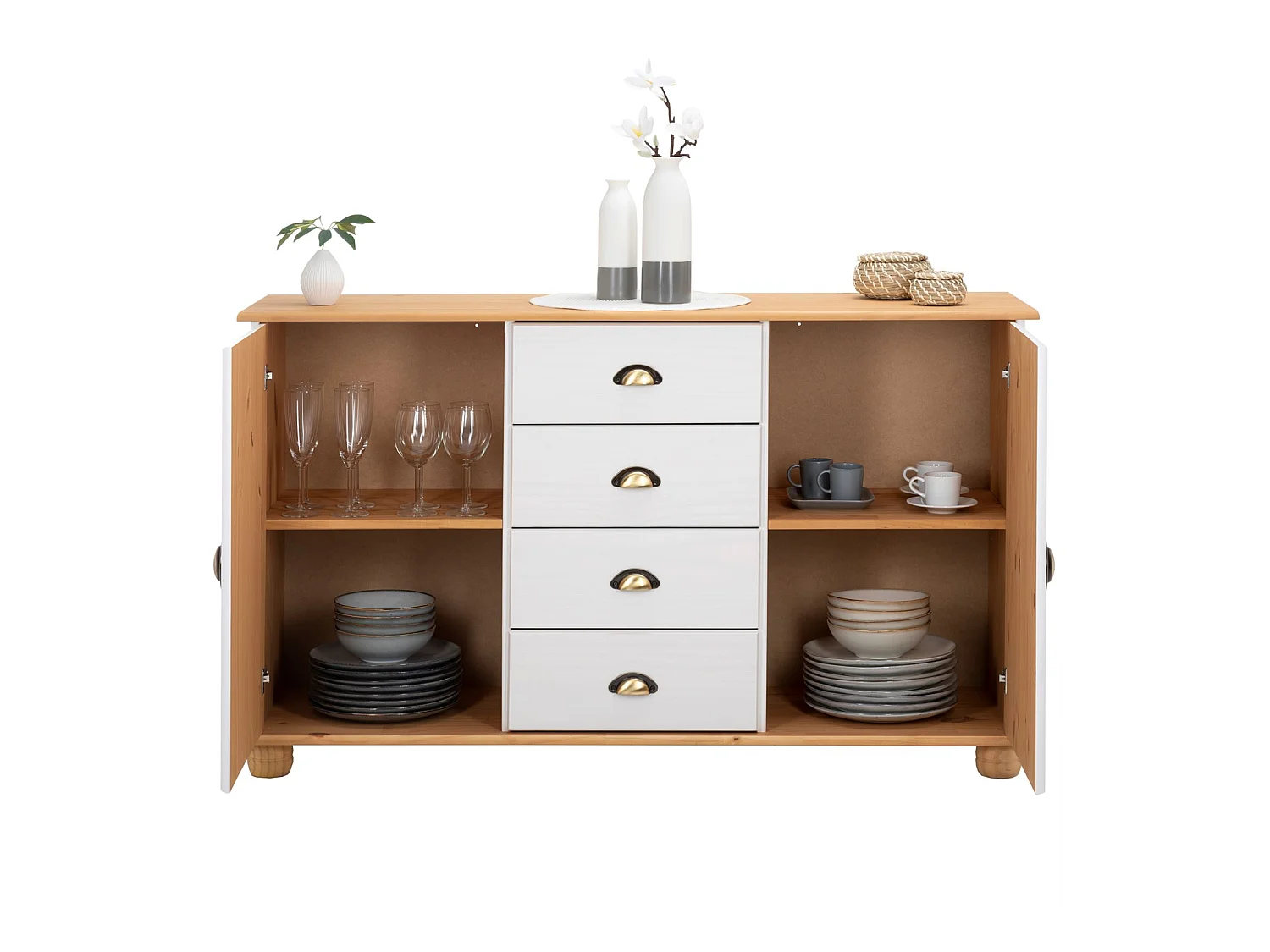 Buffet salle à manger COLMAR en bois massif L 133 cm avec 2 portes battantes et 4 tiroirs spacieux, blanc et brun