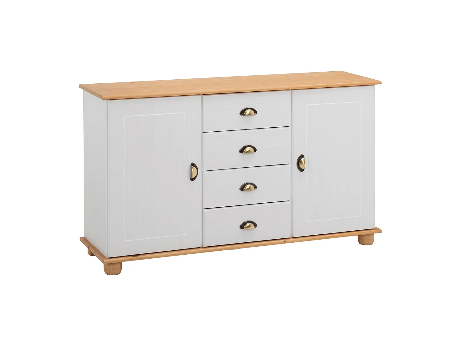 Buffet salle à manger COLMAR en bois massif L 133 cm avec 2 portes battantes et 4 tiroirs spacieux, blanc et brun