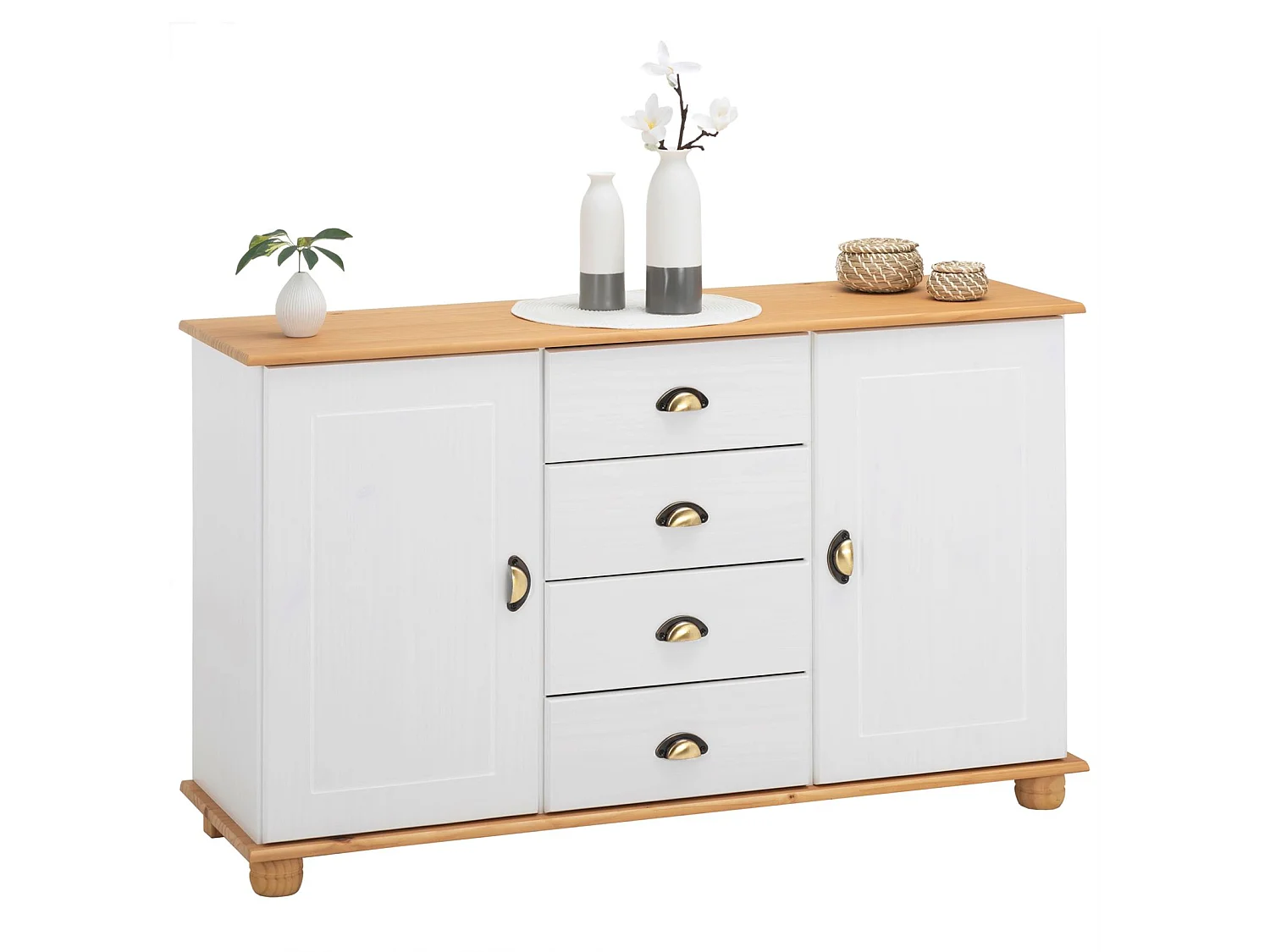 Buffet salle à manger COLMAR en bois massif L 133 cm avec 2 portes battantes et 4 tiroirs spacieux, blanc et brun