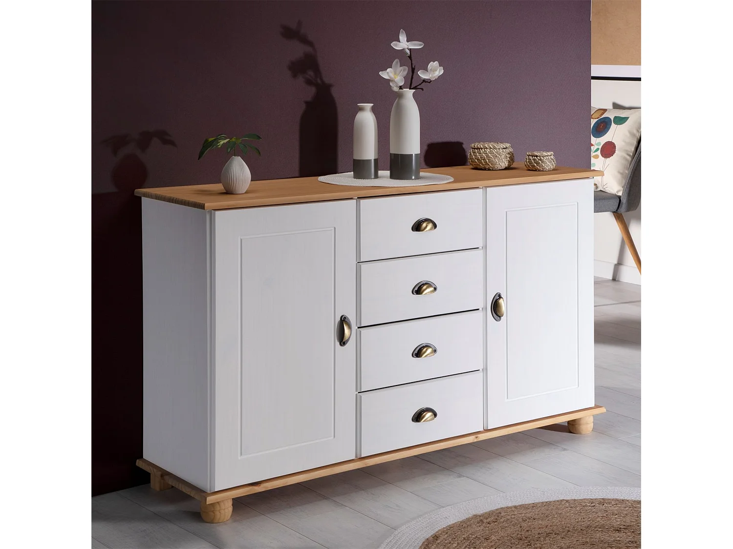 Buffet salle à manger COLMAR en bois massif L 133 cm avec 2 portes battantes et 4 tiroirs spacieux, blanc et brun