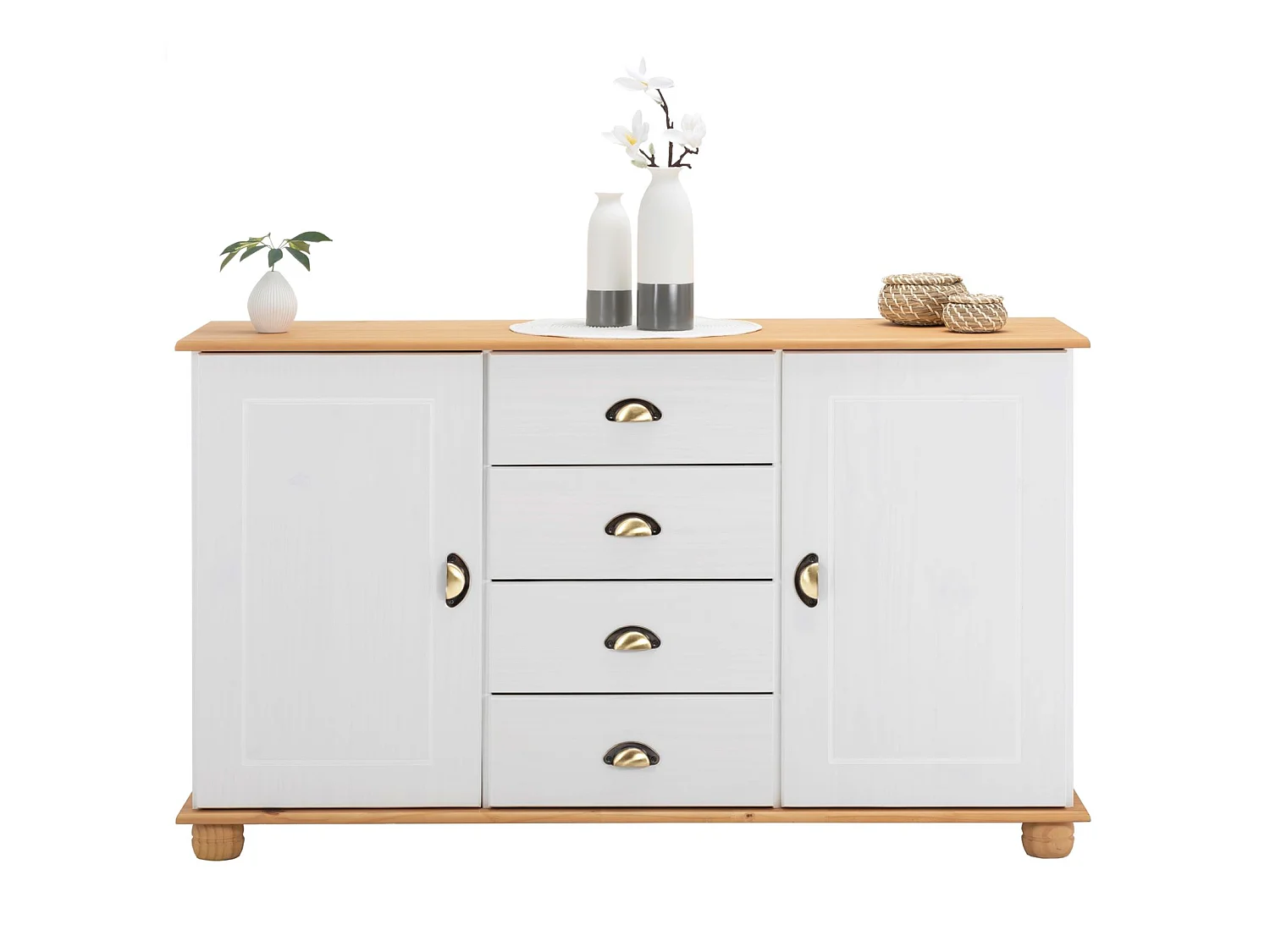 Buffet salle à manger COLMAR en bois massif L 133 cm avec 2 portes battantes et 4 tiroirs spacieux, blanc et brun