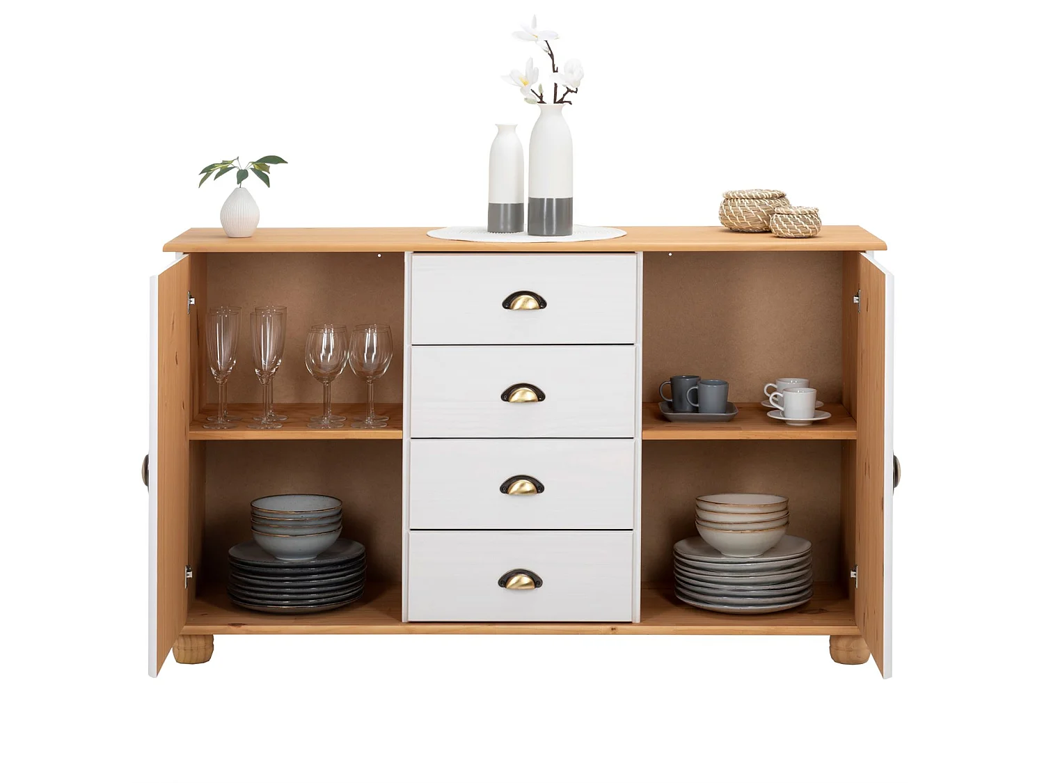 Buffet salle à manger COLMAR en bois massif L 133 cm avec 2 portes battantes et 4 tiroirs spacieux, blanc et brun