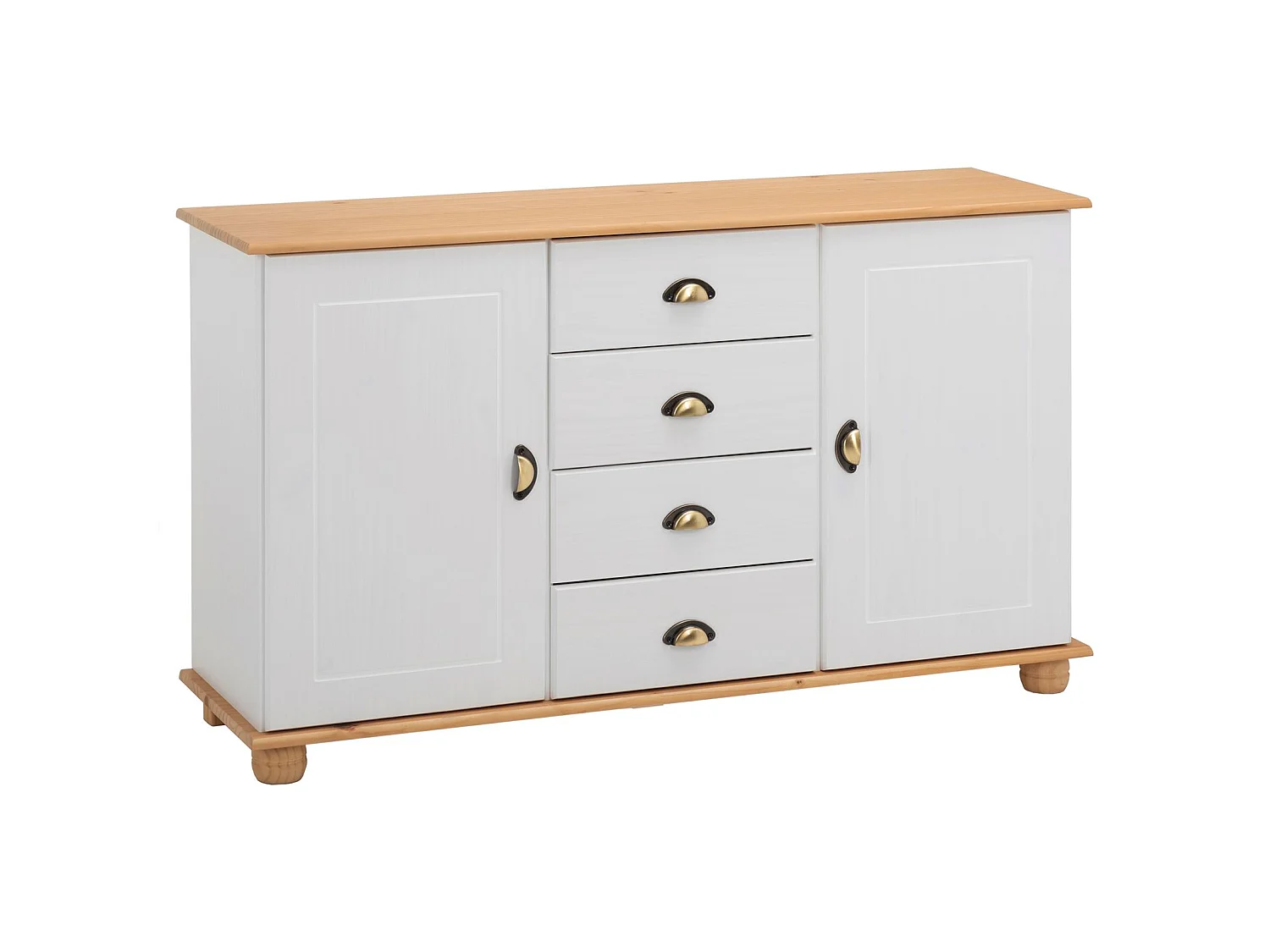 Buffet salle à manger COLMAR en bois massif L 133 cm avec 2 portes battantes et 4 tiroirs spacieux, blanc et brun