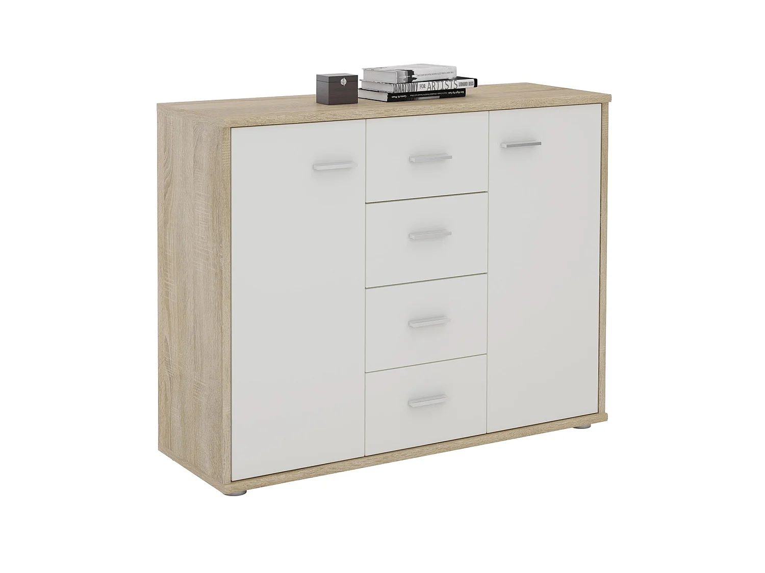 Buffet salle à manger ELODIE L 89 cm coloris chêne sonoma et blanc avec 4 tiroirs et 2 portes, bahut bas