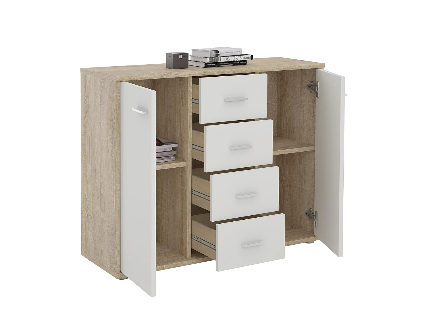 Buffet salle à manger ELODIE L 89 cm coloris chêne sonoma et blanc avec 4 tiroirs et 2 portes, bahut bas