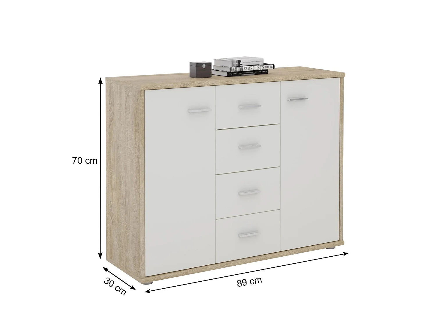 Buffet salle à manger ELODIE L 89 cm coloris chêne sonoma et blanc avec 4 tiroirs et 2 portes, bahut bas