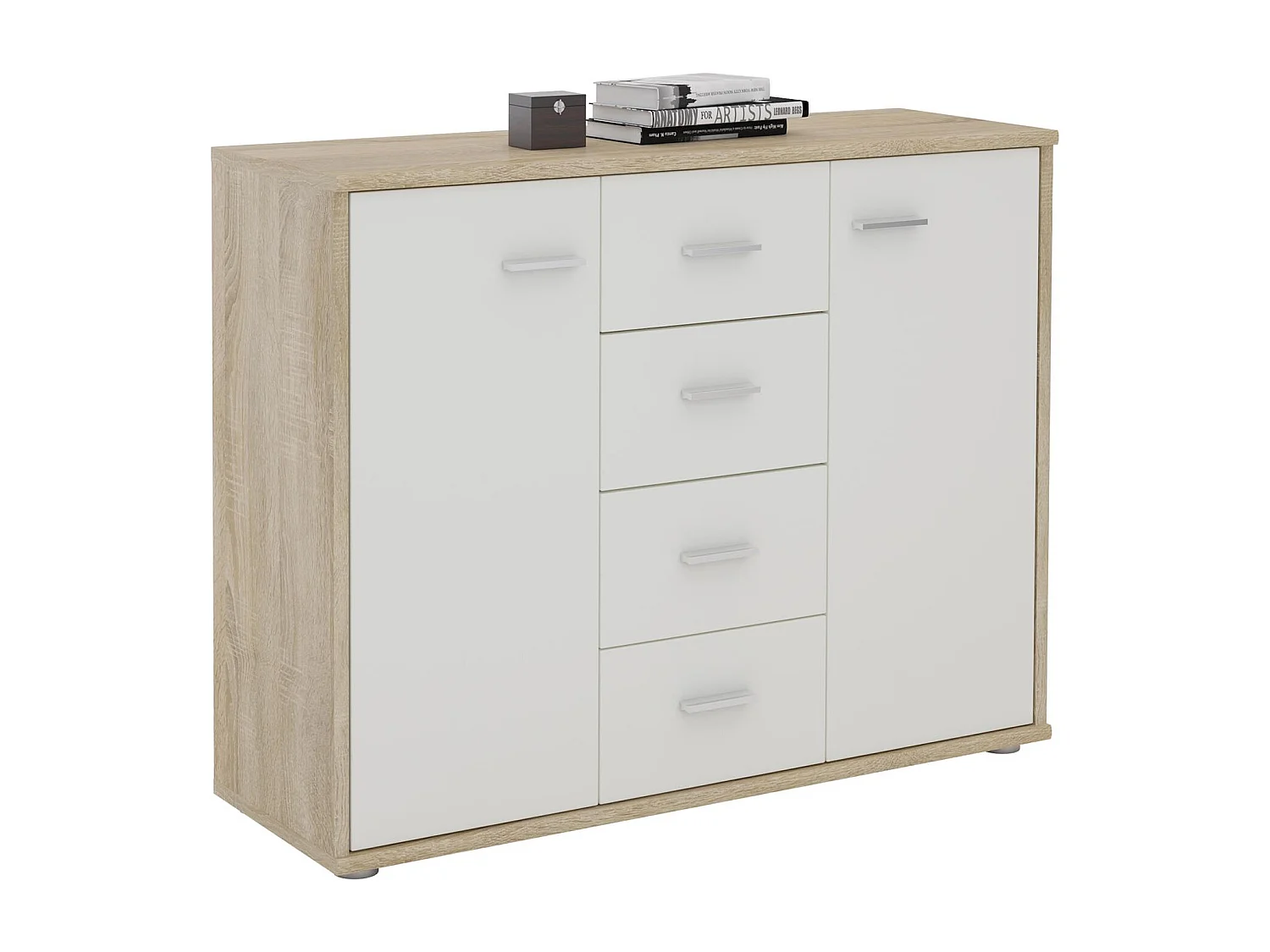 Buffet salle à manger ELODIE L 89 cm coloris chêne sonoma et blanc avec 4 tiroirs et 2 portes, bahut bas
