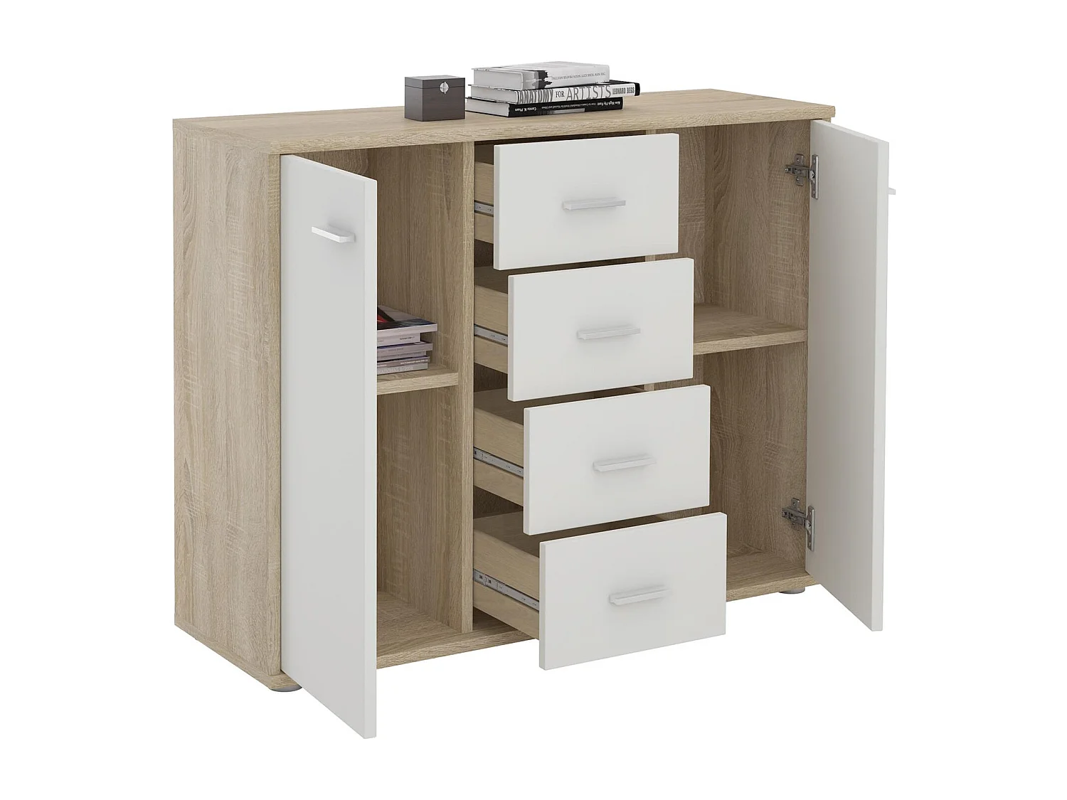 Buffet salle à manger ELODIE L 89 cm coloris chêne sonoma et blanc avec 4 tiroirs et 2 portes, bahut bas