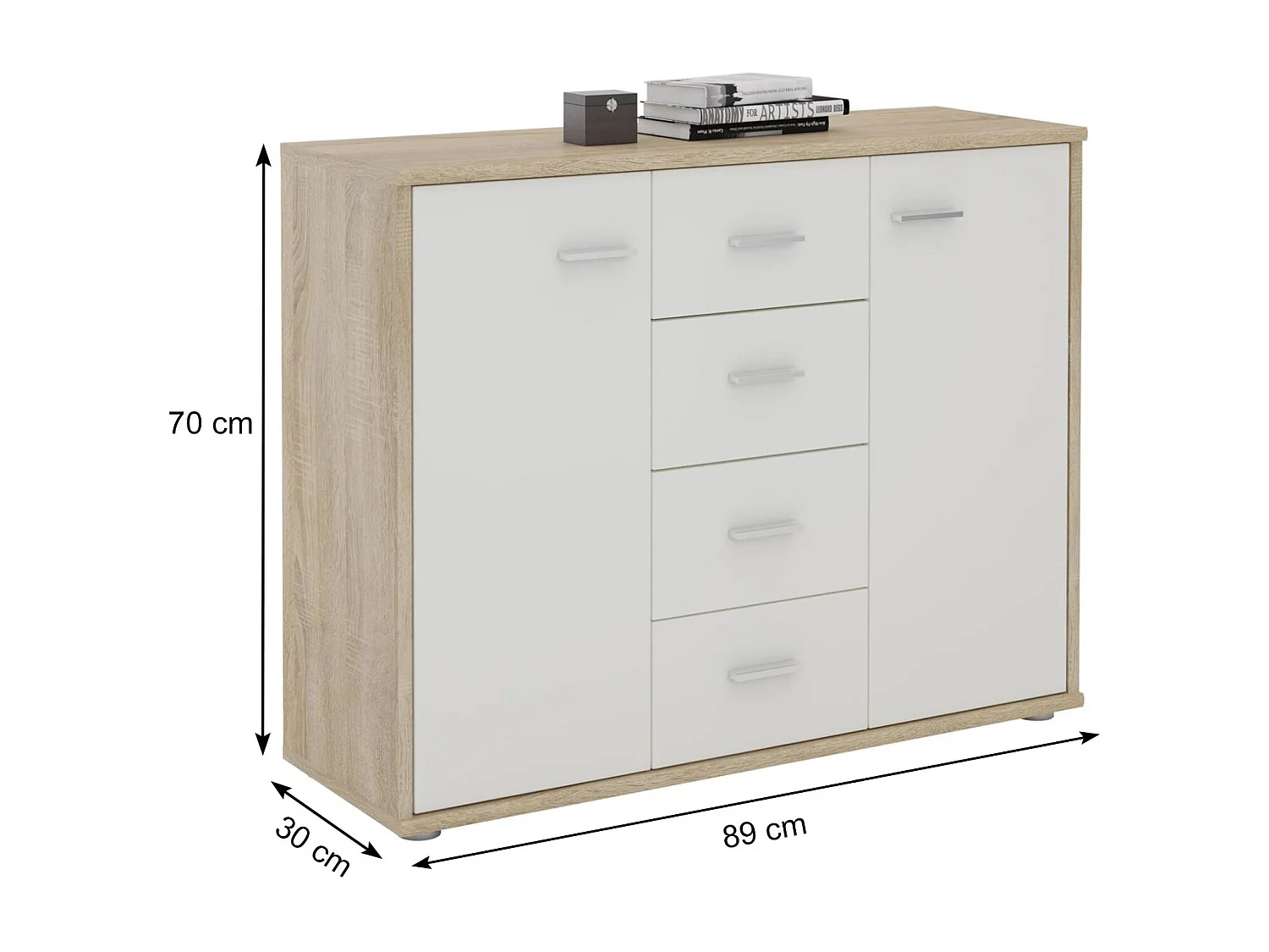 Buffet salle à manger ELODIE L 89 cm coloris chêne sonoma et blanc avec 4 tiroirs et 2 portes, bahut bas