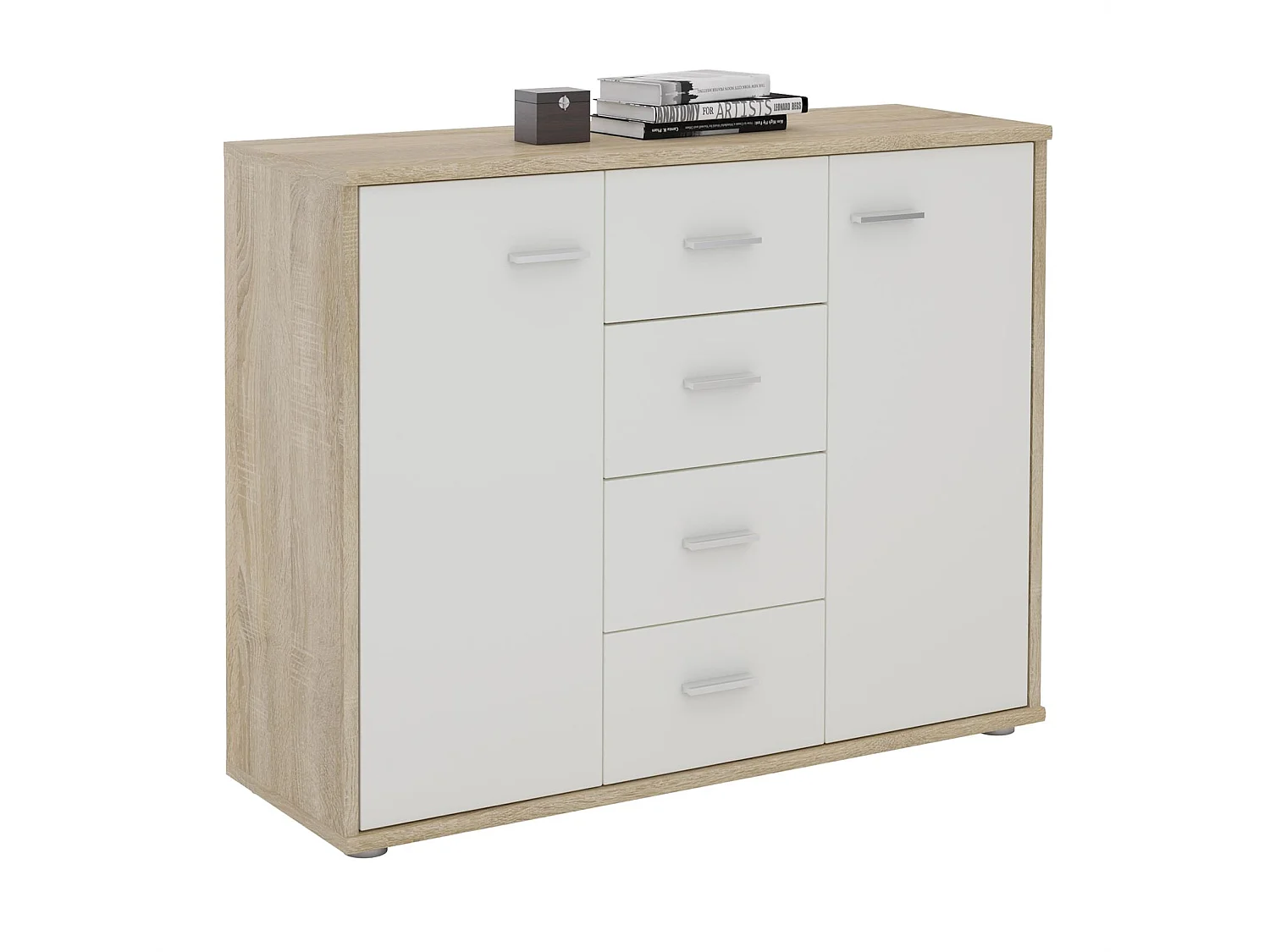 Buffet salle à manger ELODIE L 89 cm coloris chêne sonoma et blanc avec 4 tiroirs et 2 portes, bahut bas
