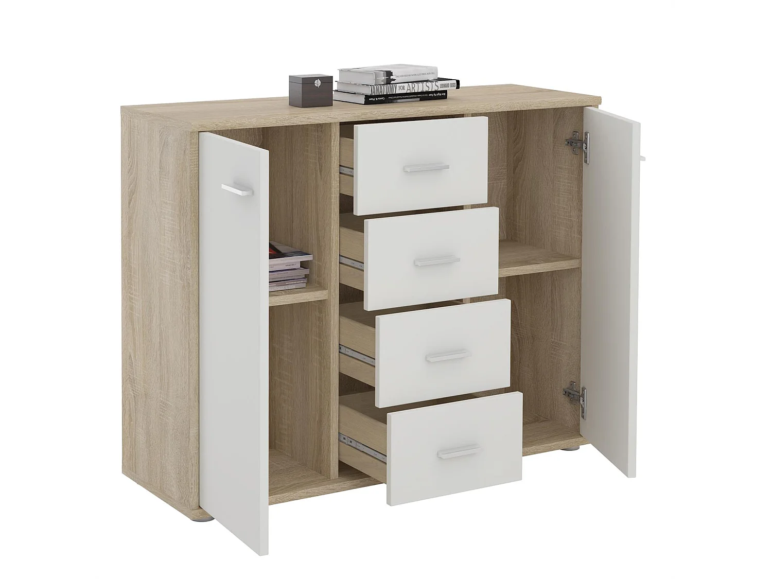 Buffet salle à manger ELODIE L 89 cm coloris chêne sonoma et blanc avec 4 tiroirs et 2 portes, bahut bas