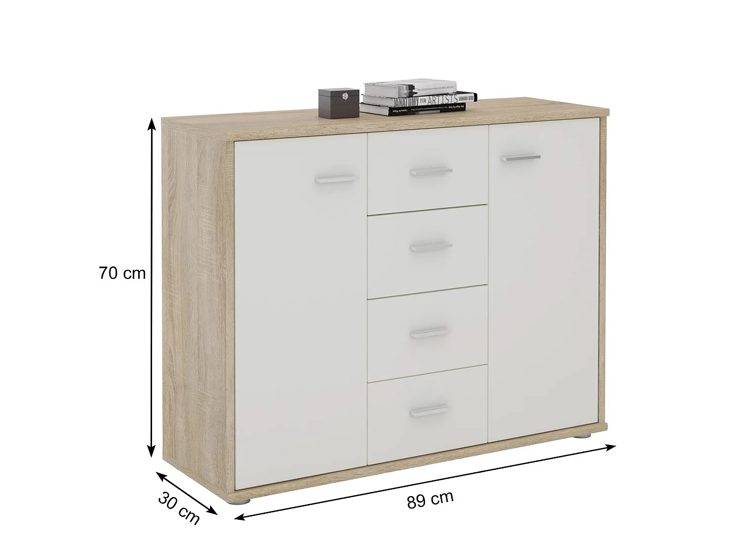 Buffet salle à manger ELODIE L 89 cm coloris chêne sonoma et blanc avec 4 tiroirs et 2 portes, bahut bas