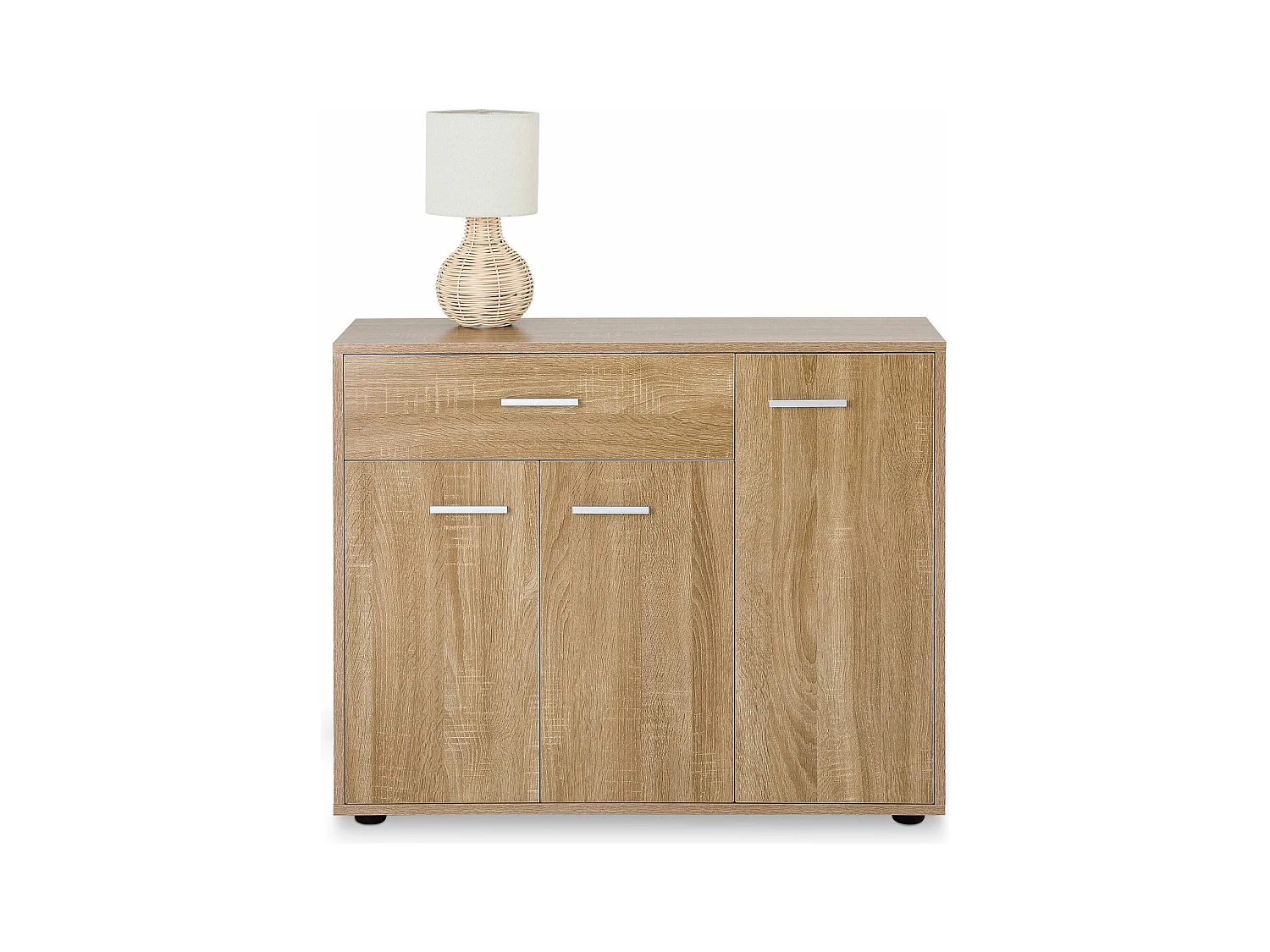 Buffet CORALINE, commode meuble de rangement avec 1 tiroir et 3 portes, en mélaminé décor chêne sonoma