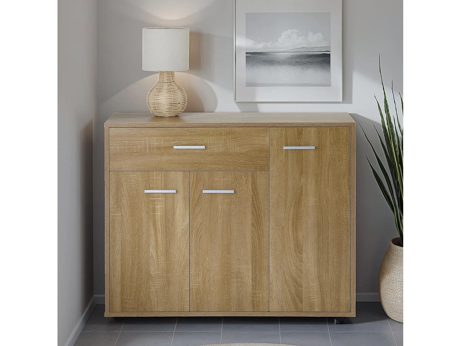 Buffet CORALINE, commode meuble de rangement avec 1 tiroir et 3 portes, en mélaminé décor chêne sonoma