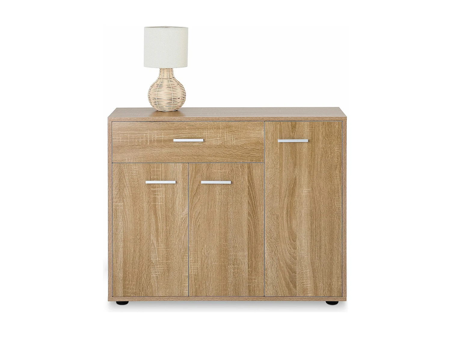 Buffet CORALINE, commode meuble de rangement avec 1 tiroir et 3 portes, en mélaminé décor chêne sonoma