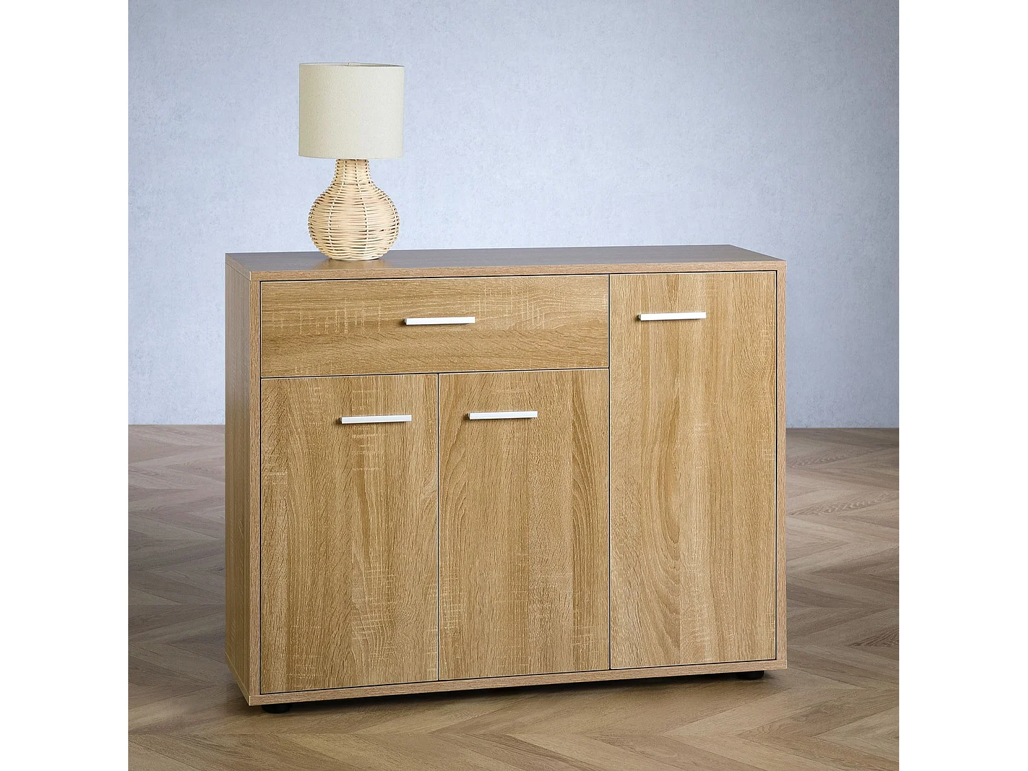 Buffet CORALINE, commode meuble de rangement avec 1 tiroir et 3 portes, en mélaminé décor chêne sonoma
