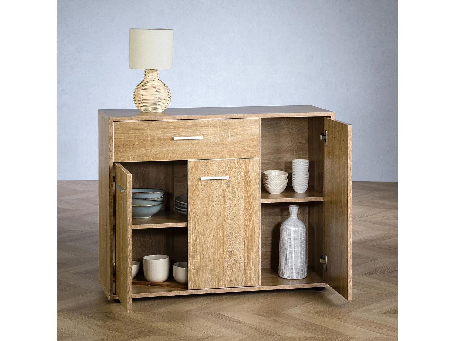 Buffet CORALINE, commode meuble de rangement avec 1 tiroir et 3 portes, en mélaminé décor chêne sonoma