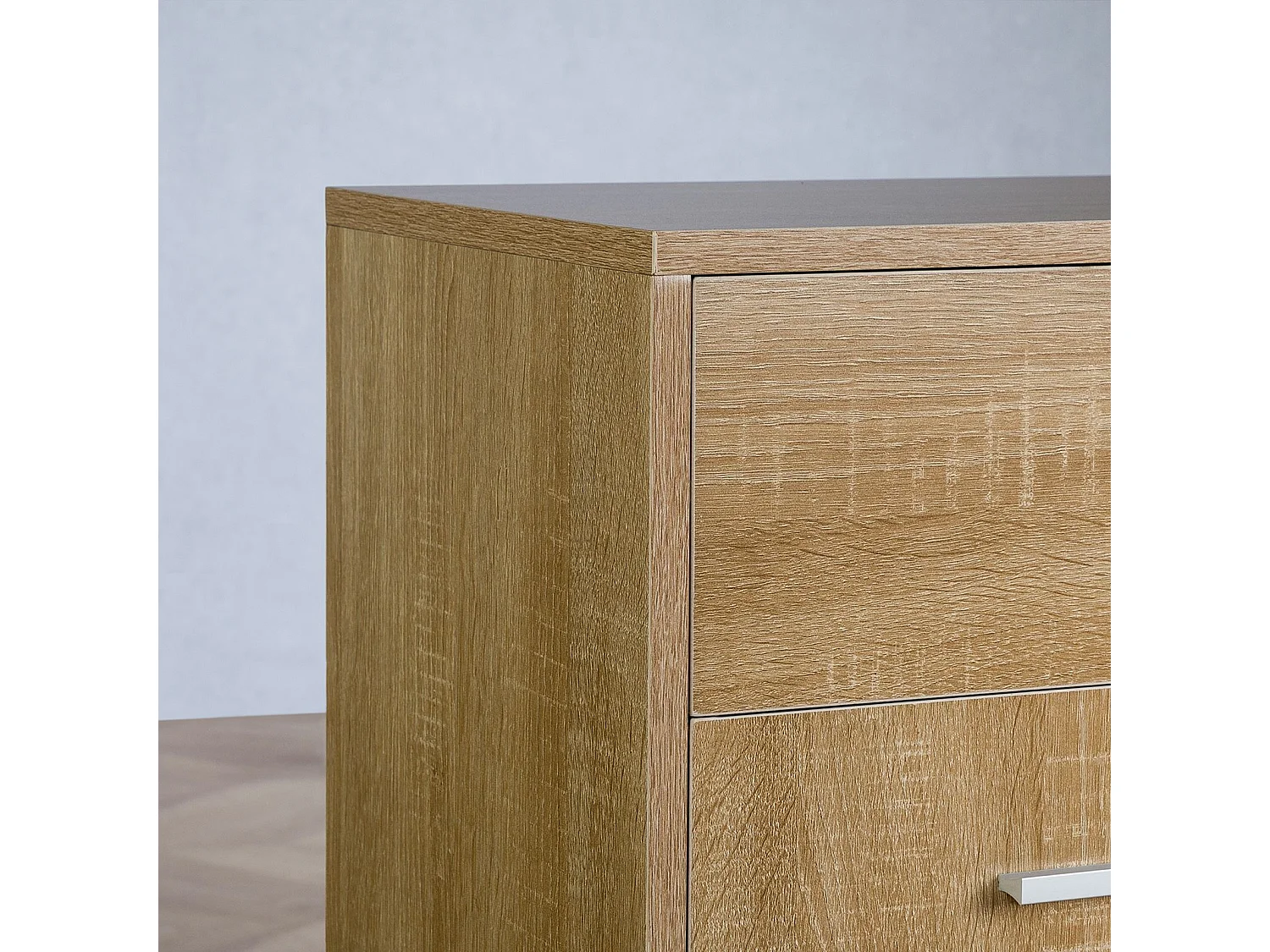 Buffet CORALINE, commode meuble de rangement avec 1 tiroir et 3 portes, en mélaminé décor chêne sonoma