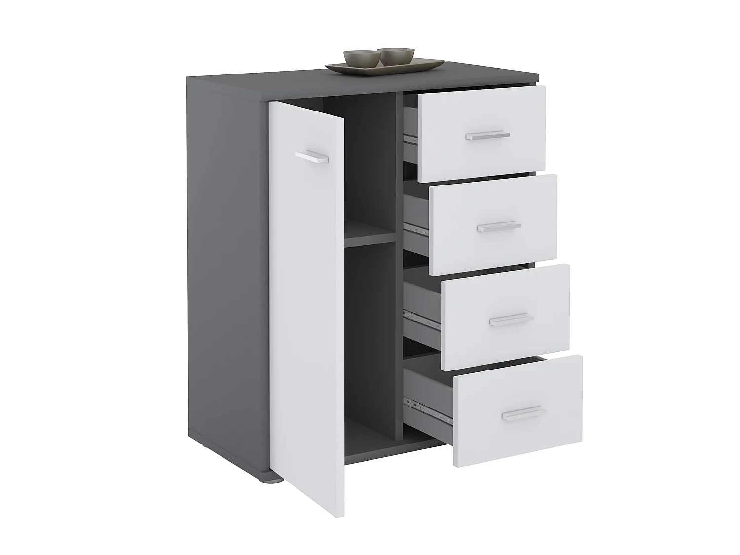 Buffet salle à manger OSCAR L 60 cm en bois coloris gris et chêne sonoma avec 4 tiroirs et 1 porte, meuble de rangement