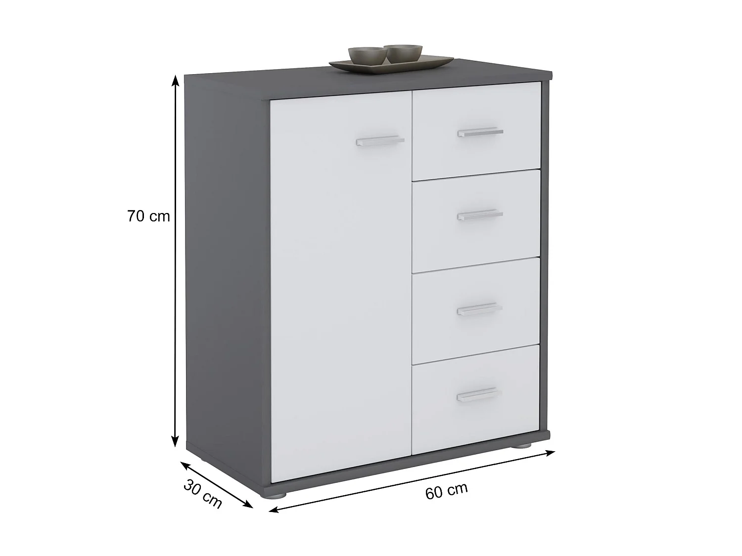 Buffet salle à manger OSCAR L 60 cm en bois coloris gris et chêne sonoma avec 4 tiroirs et 1 porte, meuble de rangement