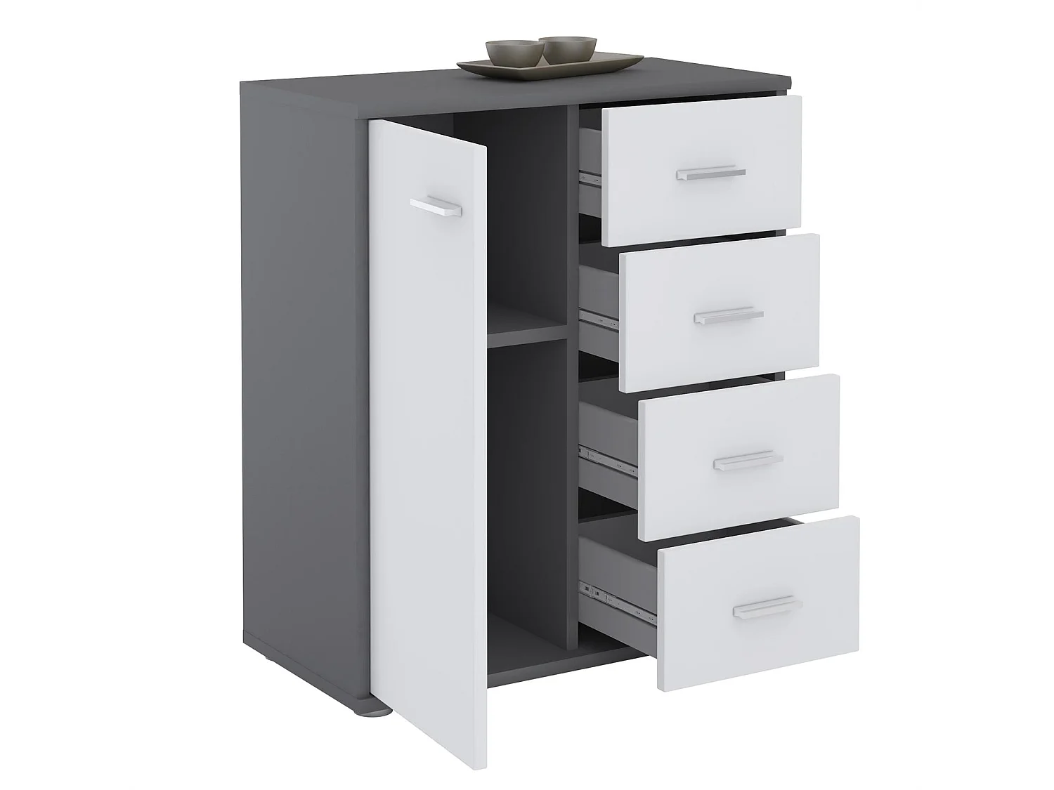 Buffet salle à manger OSCAR L 60 cm en bois coloris gris et chêne sonoma avec 4 tiroirs et 1 porte, meuble de rangement