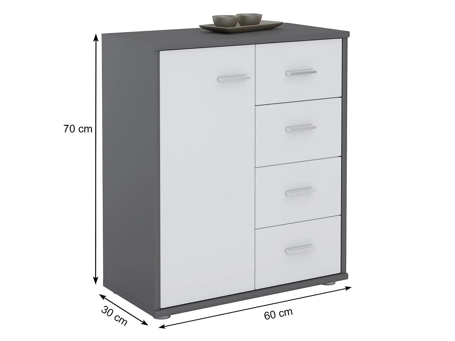 Buffet salle à manger OSCAR L 60 cm en bois coloris gris et chêne sonoma avec 4 tiroirs et 1 porte, meuble de rangement