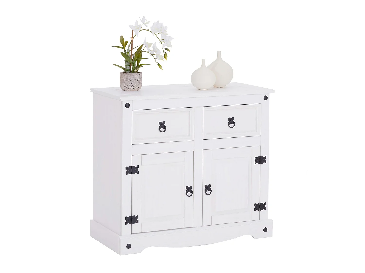 Buffet salle à manger RURAL L 87 cm en bois massif blanc avec 2 tiroirs et 2 portes commode bahut vaisselier