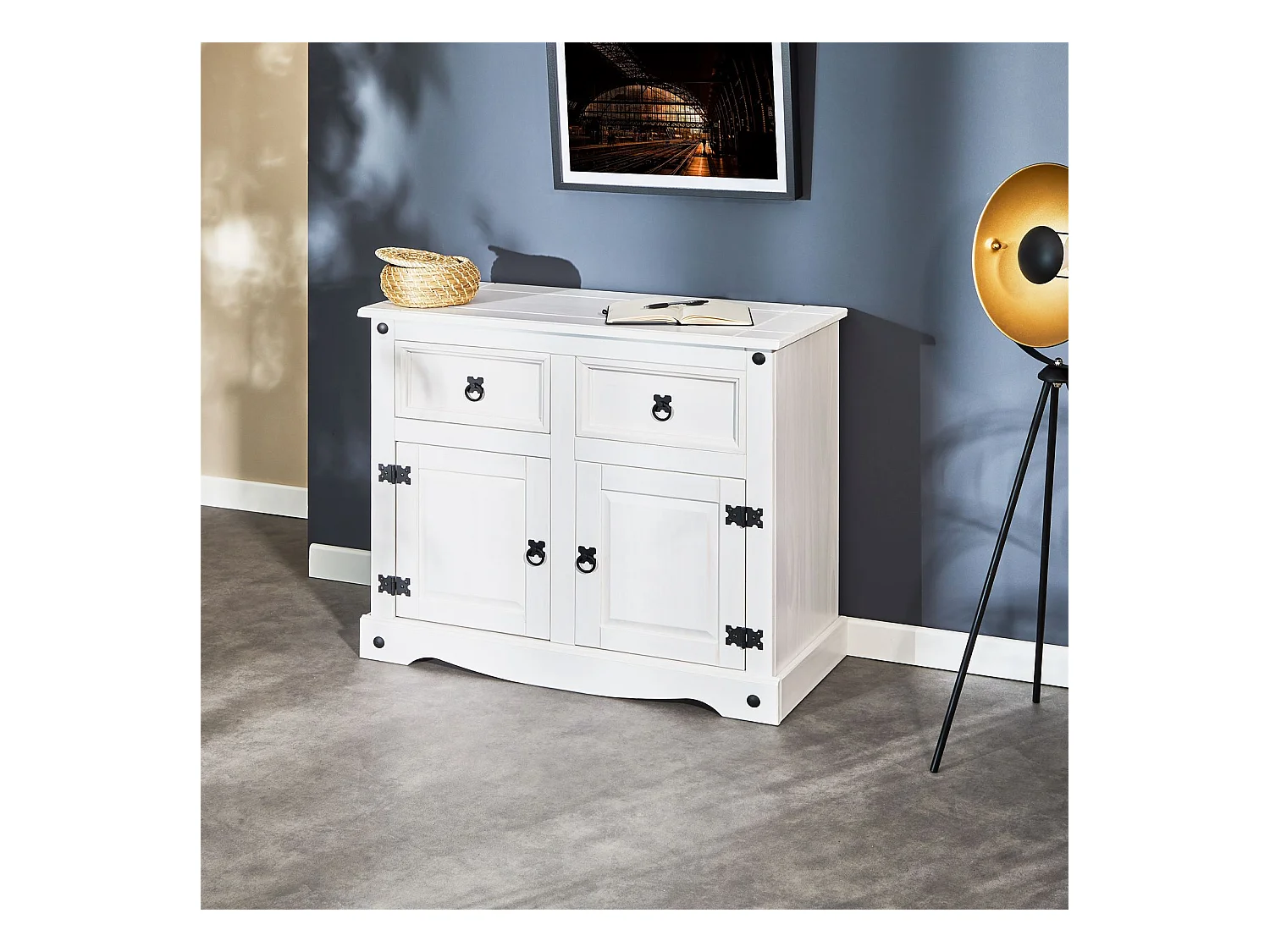 Buffet salle à manger RURAL L 87 cm en bois massif blanc avec 2 tiroirs et 2 portes commode bahut vaisselier