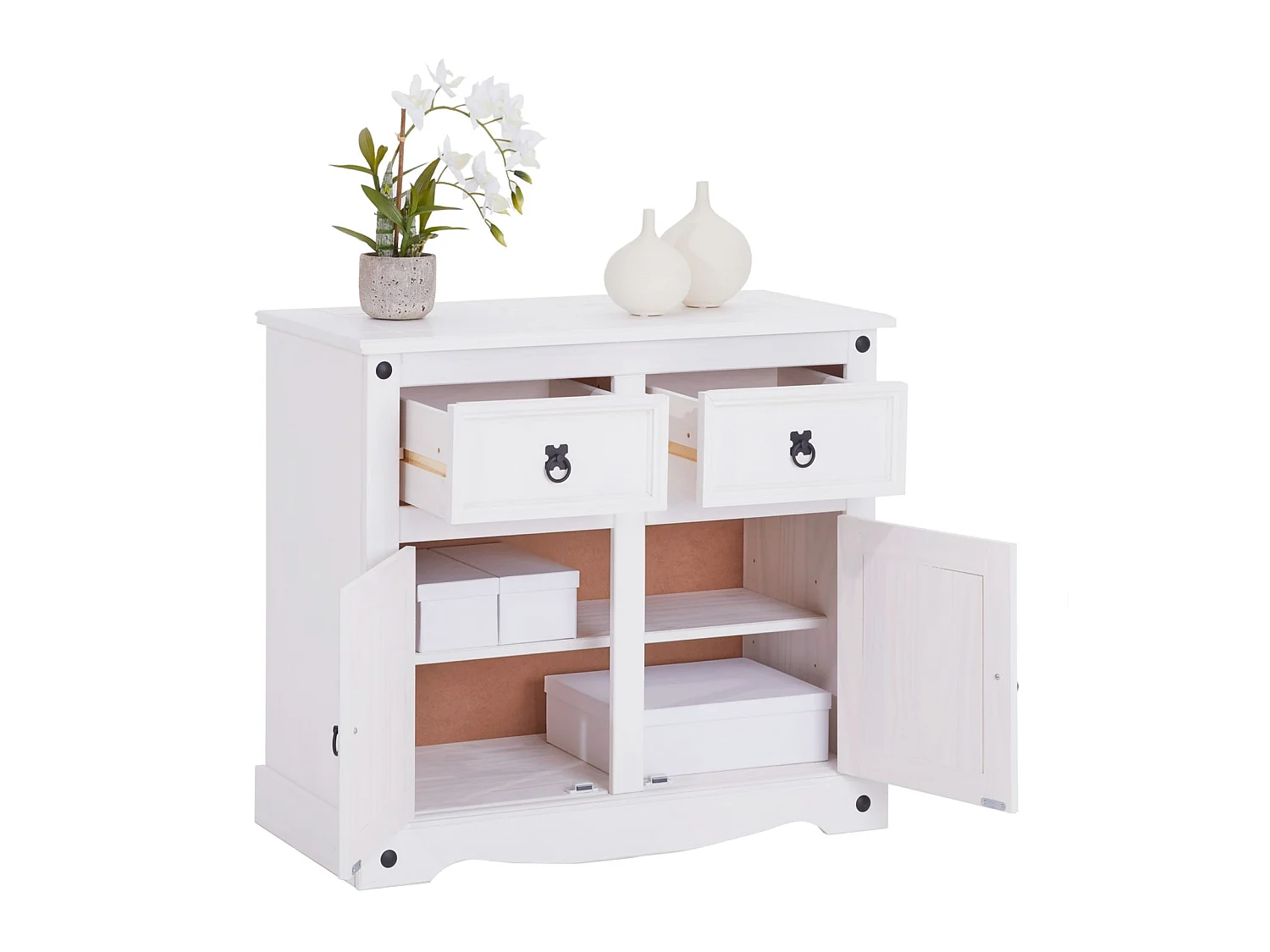 Buffet salle à manger RURAL L 87 cm en bois massif blanc avec 2 tiroirs et 2 portes commode bahut vaisselier