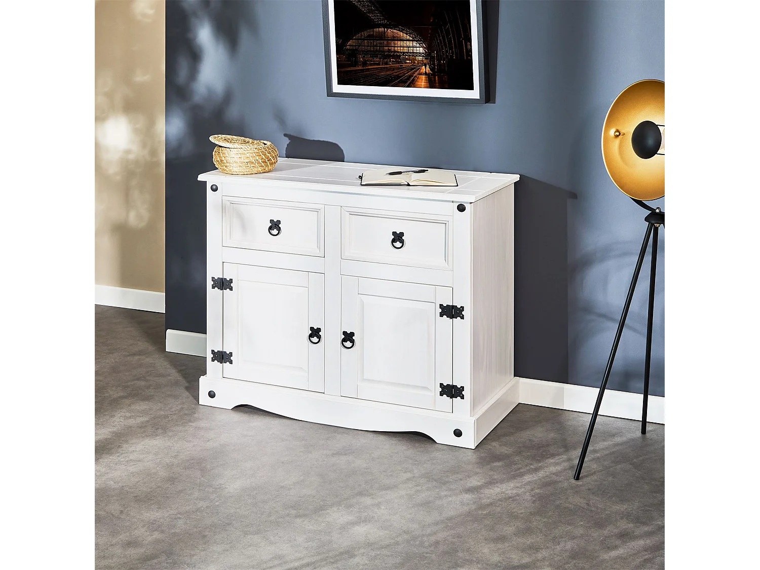 Buffet salle à manger RURAL L 87 cm en bois massif blanc avec 2 tiroirs et 2 portes commode bahut vaisselier