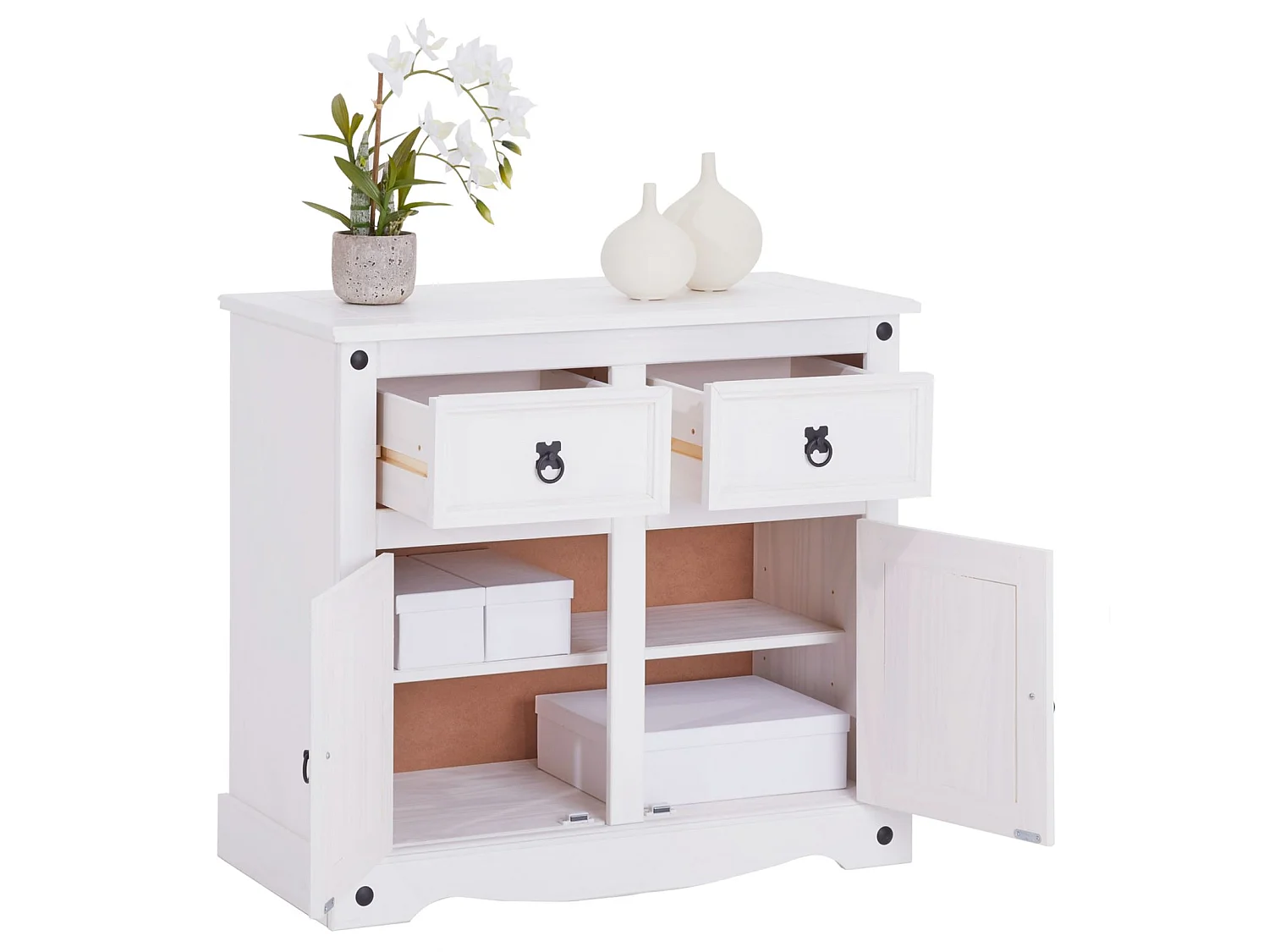 Buffet salle à manger RURAL L 87 cm en bois massif blanc avec 2 tiroirs et 2 portes commode bahut vaisselier