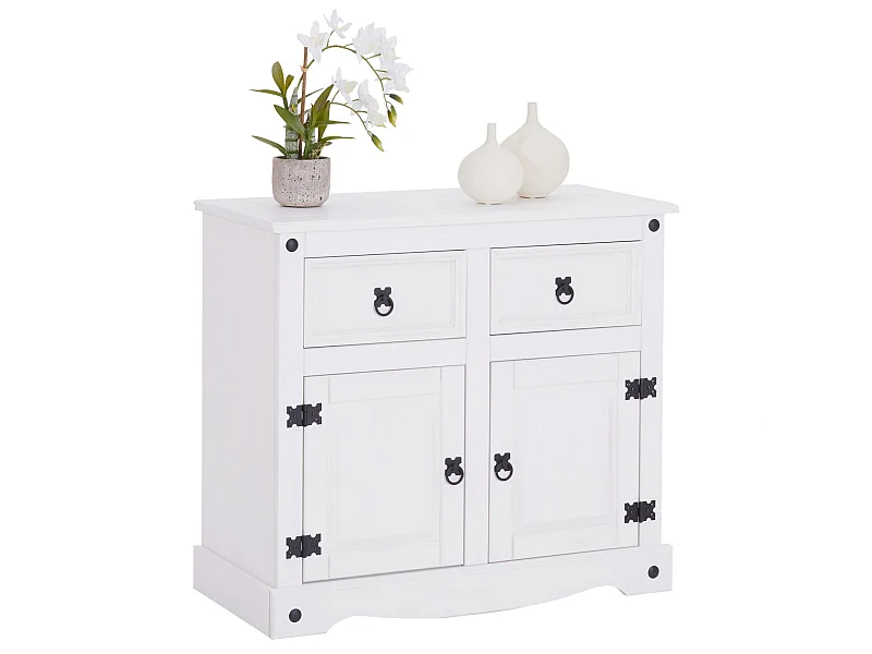 Buffet salle à manger RURAL L 87 cm en bois massif blanc avec 2 tiroirs et 2 portes commode bahut vaisselier