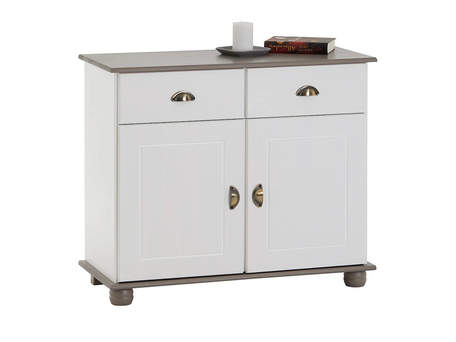 Buffet COLMAR commode bahut vaisselier meuble bas rangement avec 2 tiroirs et 2 portes, en pin massif lasuré blanc et taupe