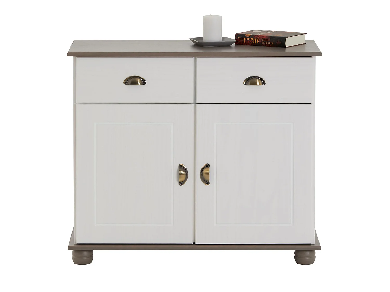 Buffet COLMAR commode bahut vaisselier meuble bas rangement avec 2 tiroirs et 2 portes, en pin massif lasuré blanc et taupe