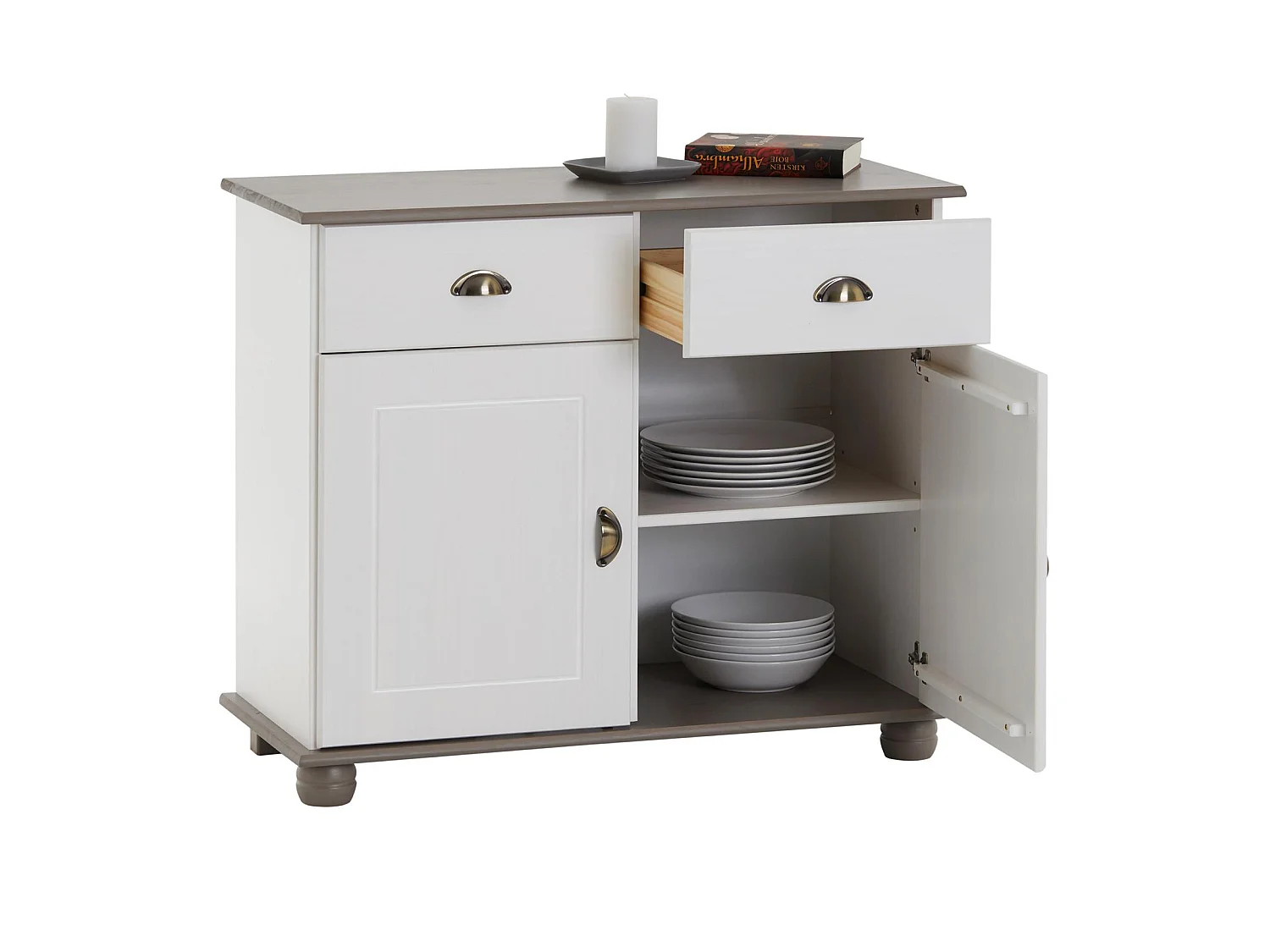 Buffet COLMAR commode bahut vaisselier meuble bas rangement avec 2 tiroirs et 2 portes, en pin massif lasuré blanc et taupe
