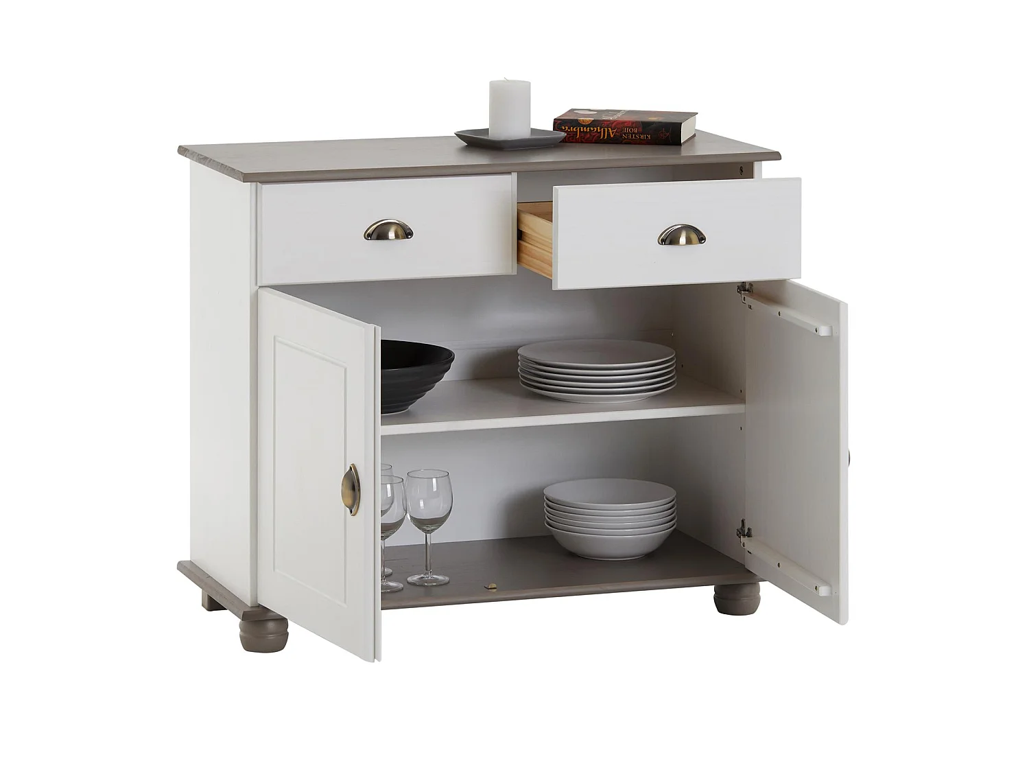 Buffet COLMAR commode bahut vaisselier meuble bas rangement avec 2 tiroirs et 2 portes, en pin massif lasuré blanc et taupe