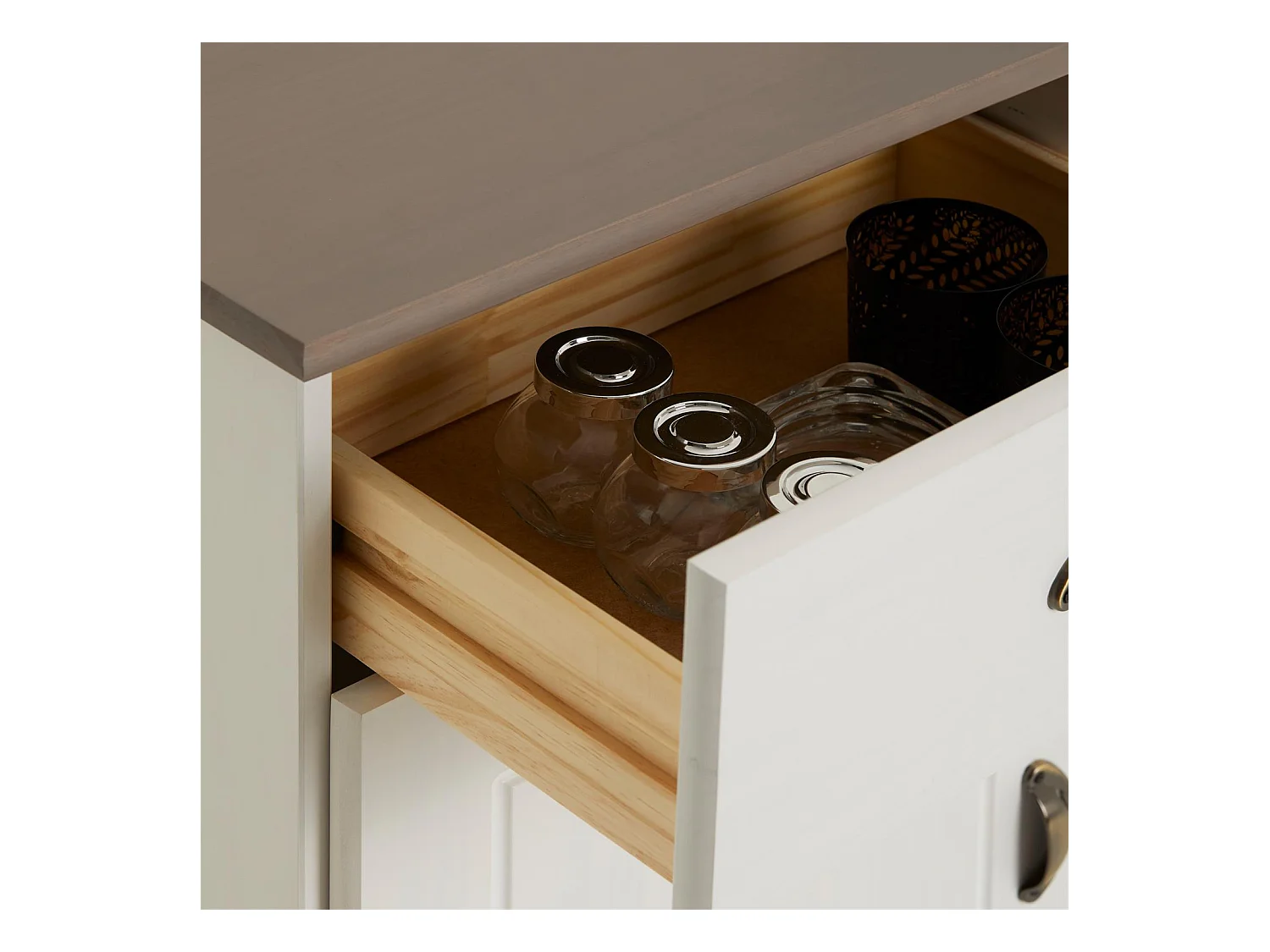 Buffet COLMAR commode bahut vaisselier meuble bas rangement avec 2 tiroirs et 2 portes, en pin massif lasuré blanc et taupe