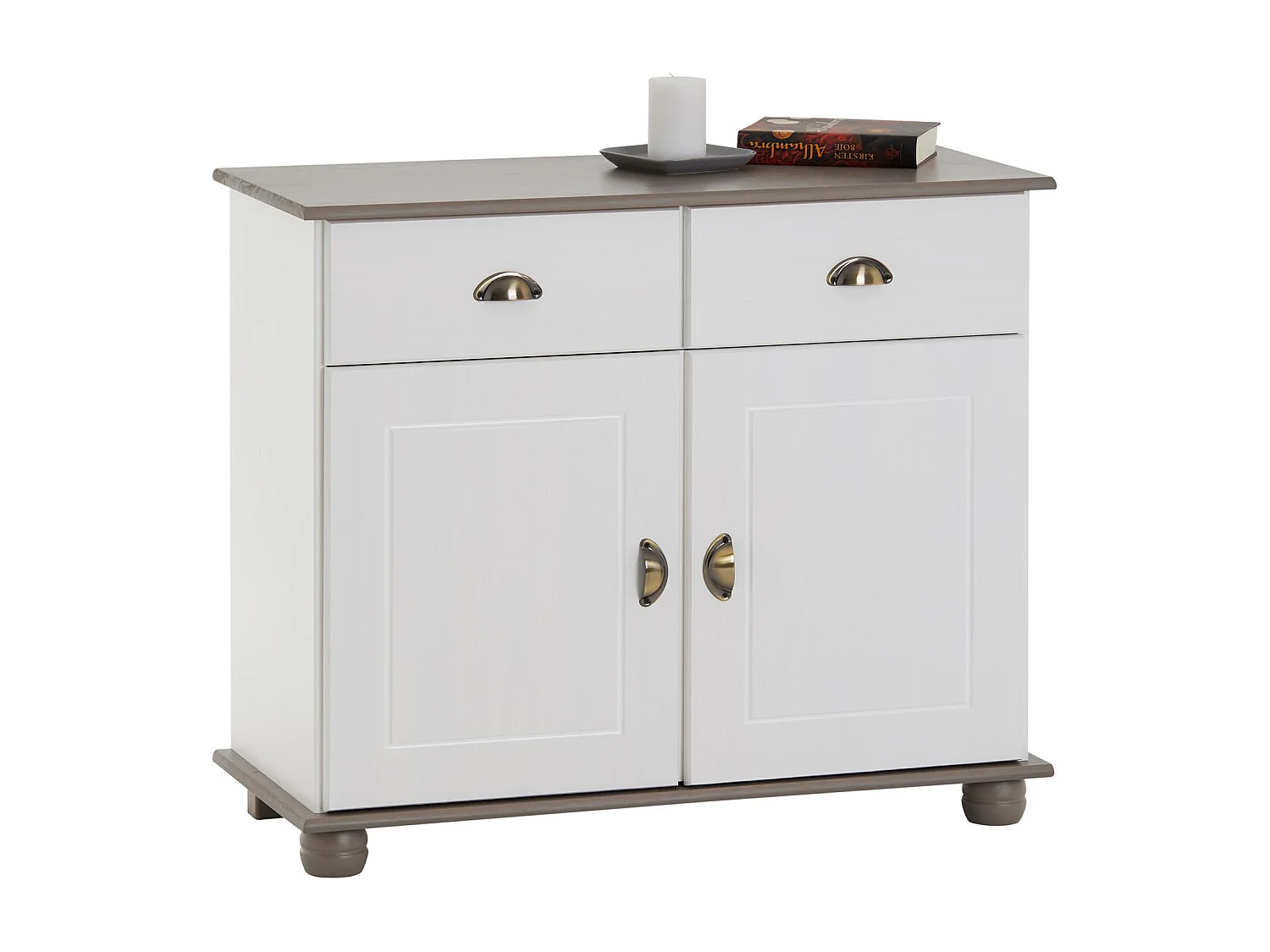 Buffet COLMAR commode bahut vaisselier meuble bas rangement avec 2 tiroirs et 2 portes, en pin massif lasuré blanc et taupe