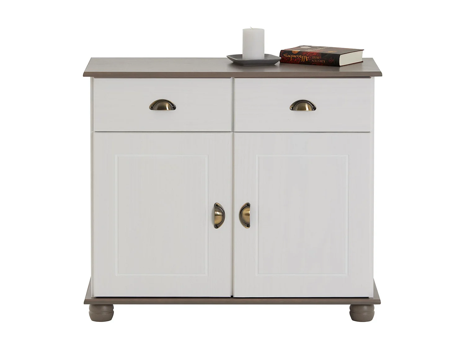 Buffet COLMAR commode bahut vaisselier meuble bas rangement avec 2 tiroirs et 2 portes, en pin massif lasuré blanc et taupe