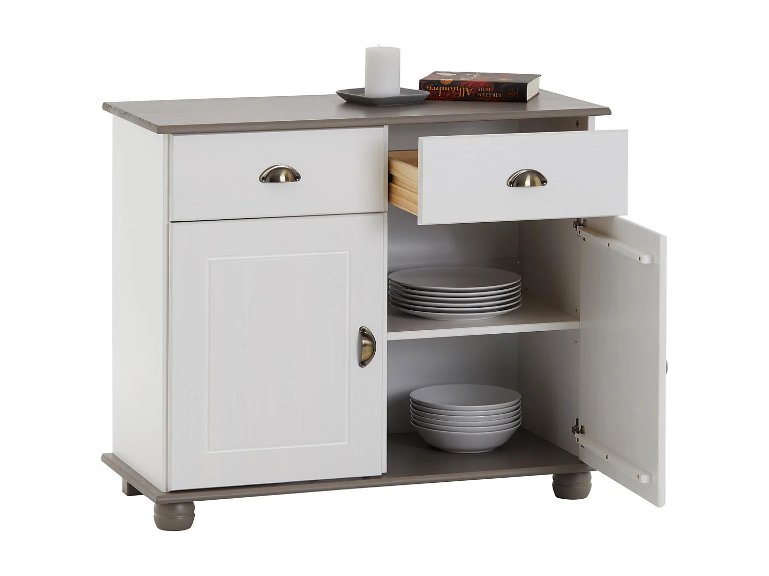 Buffet COLMAR commode bahut vaisselier meuble bas rangement avec 2 tiroirs et 2 portes, en pin massif lasuré blanc et taupe