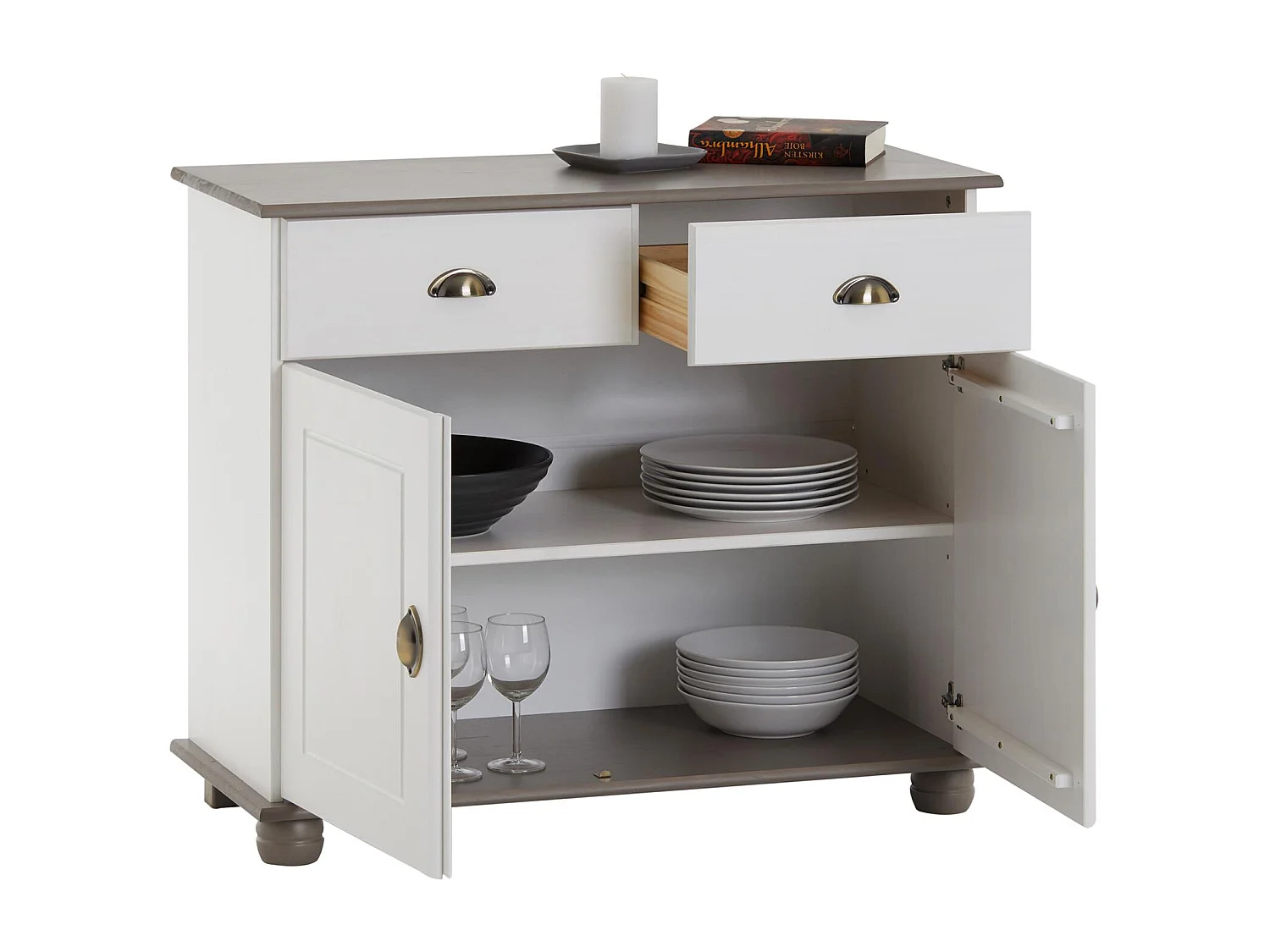 Buffet COLMAR commode bahut vaisselier meuble bas rangement avec 2 tiroirs et 2 portes, en pin massif lasuré blanc et taupe