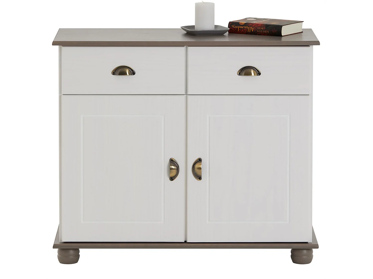 Buffet COLMAR commode bahut vaisselier meuble bas rangement avec 2 tiroirs et 2 portes, en pin massif lasuré blanc et taupe